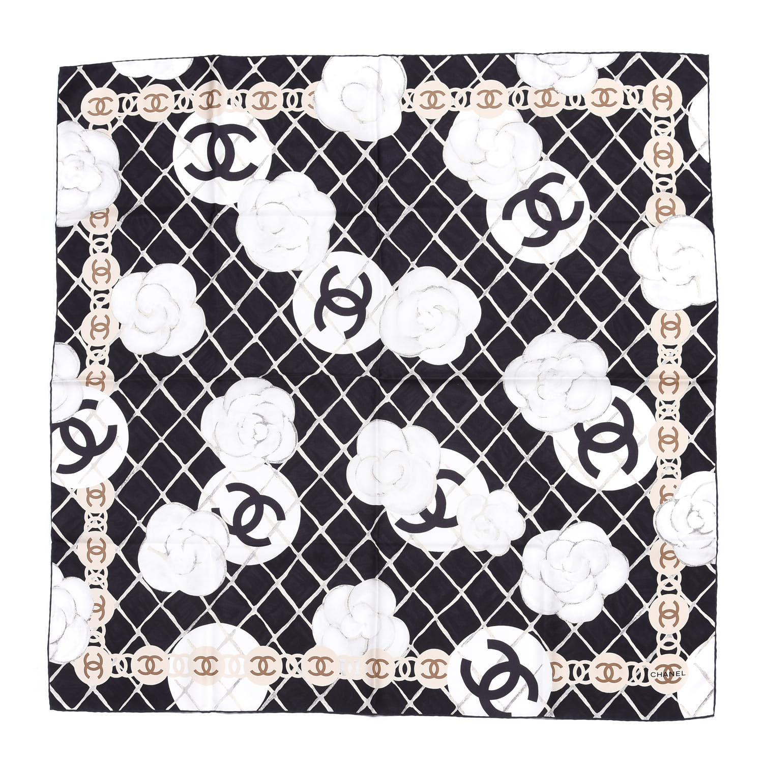 CHANEL Silk CC Logo Camellia Scarf White Black 835809