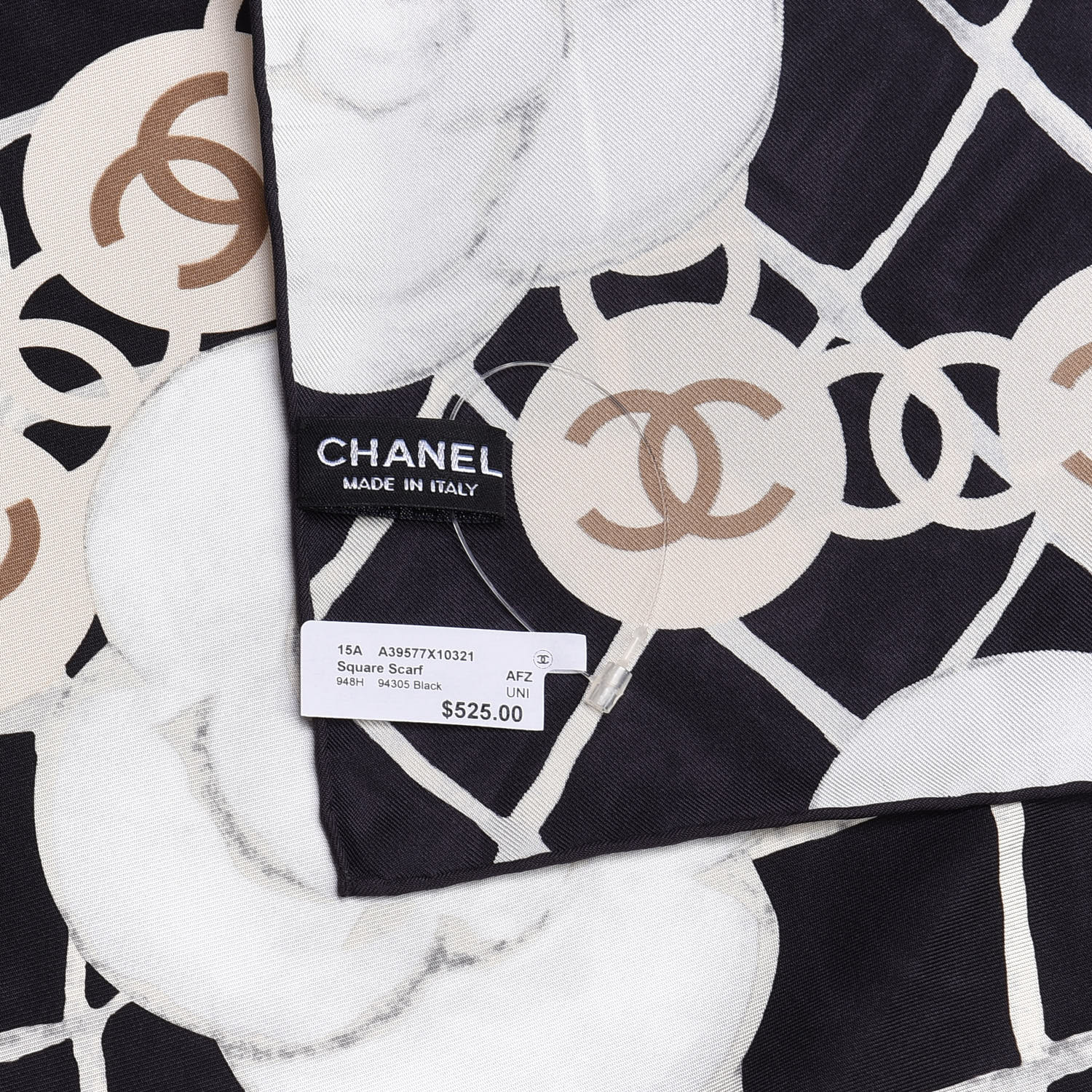 CHANEL Silk CC Logo Camellia Scarf White Black 835809