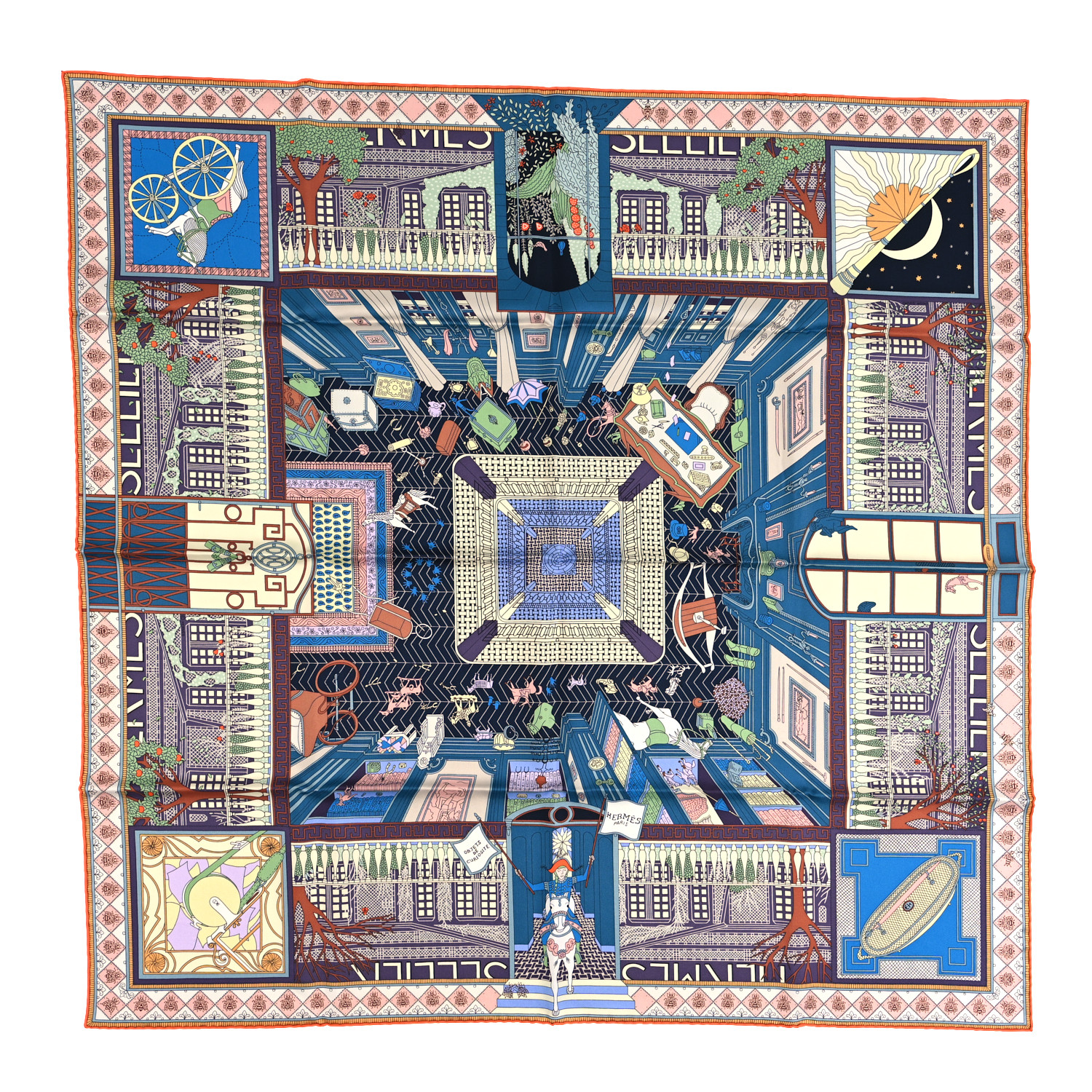 HERMES Silk Objets De Curiosite Scarf 90 Bleu Vert Rose