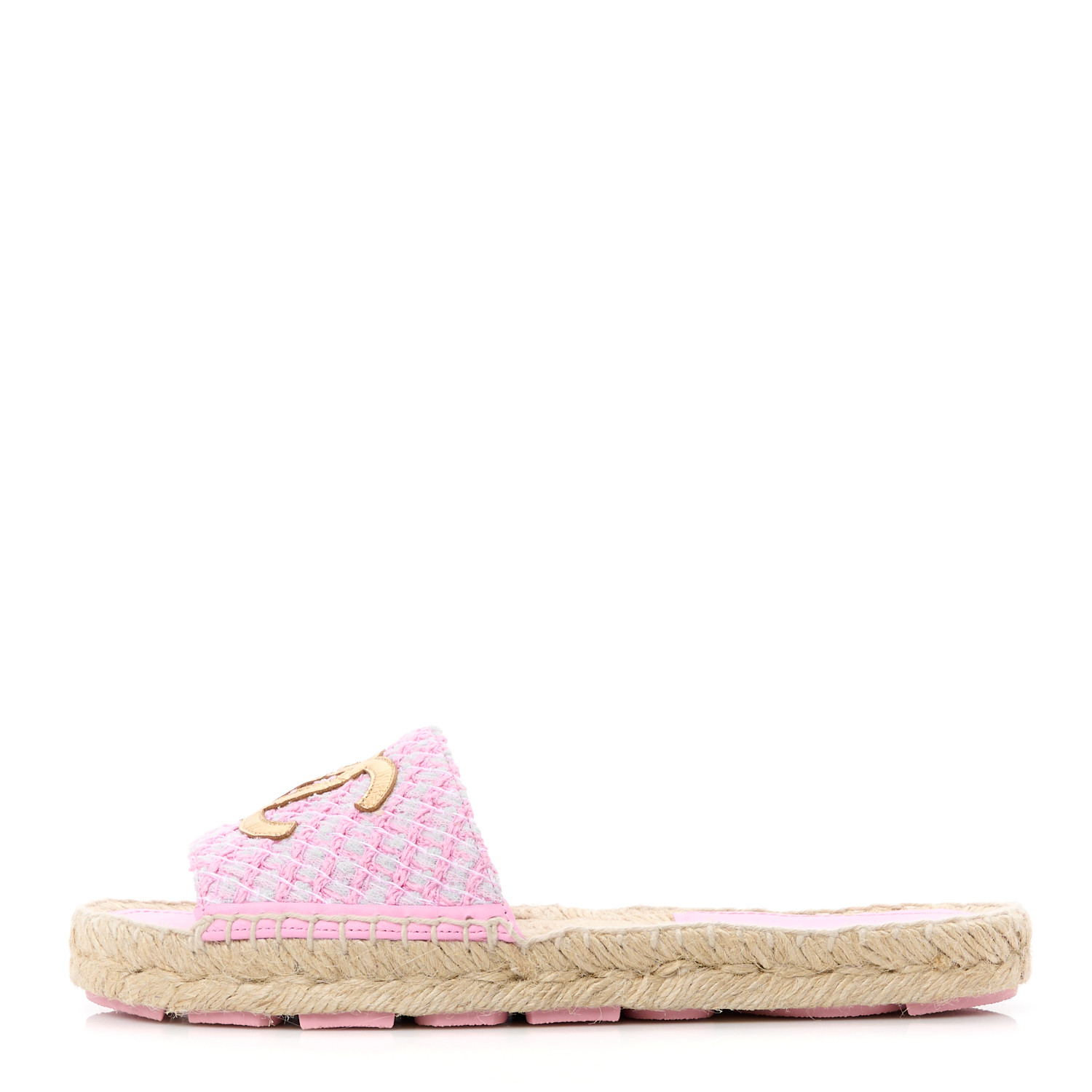 CHANEL Tweed Laminated Lambskin CC Slide Sandals 37 Light Pink 
