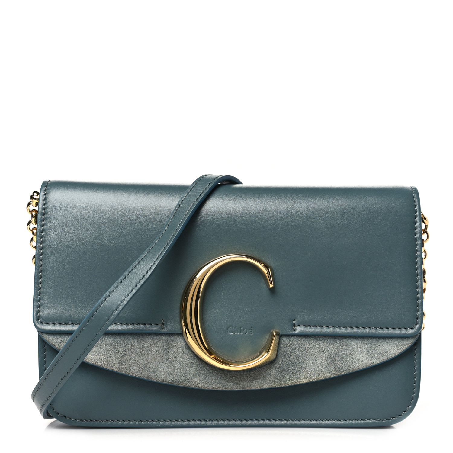 CHLOE Calfskin Suede C Clutch With Chain Cloudy Blue 1621693