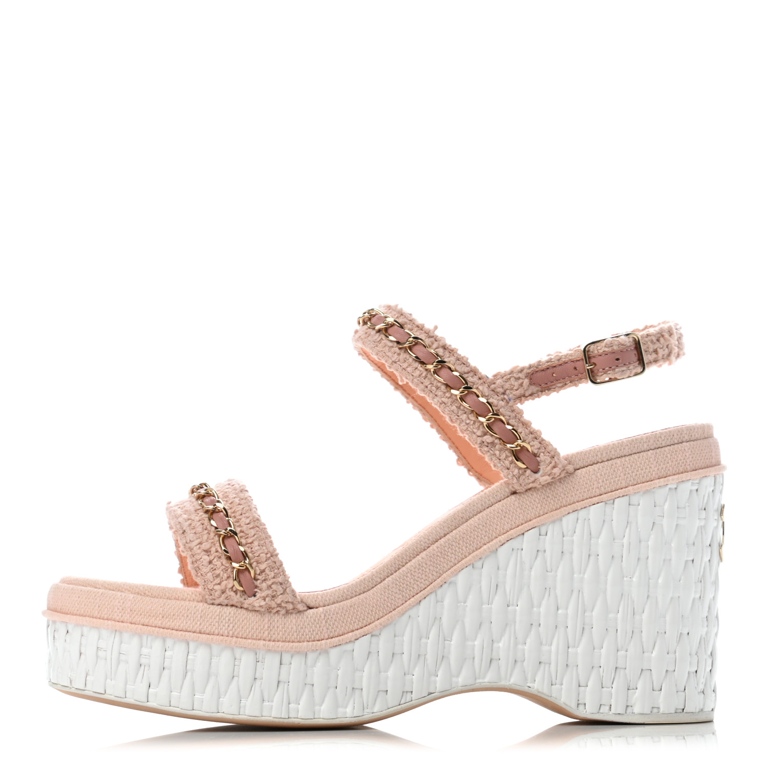 Chanel Tweed Chain Platform Sandals 37.5 Light Pink 846037