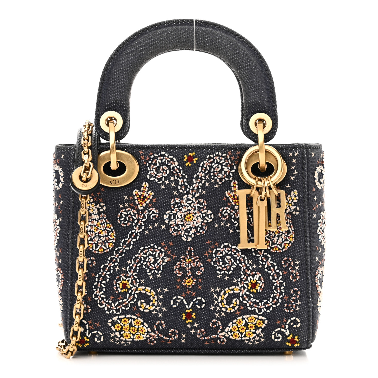 DIOR ハンドバッグ CHRISTIAN DIOR Denim Embroidered Beaded Mini Lady Dior Blue