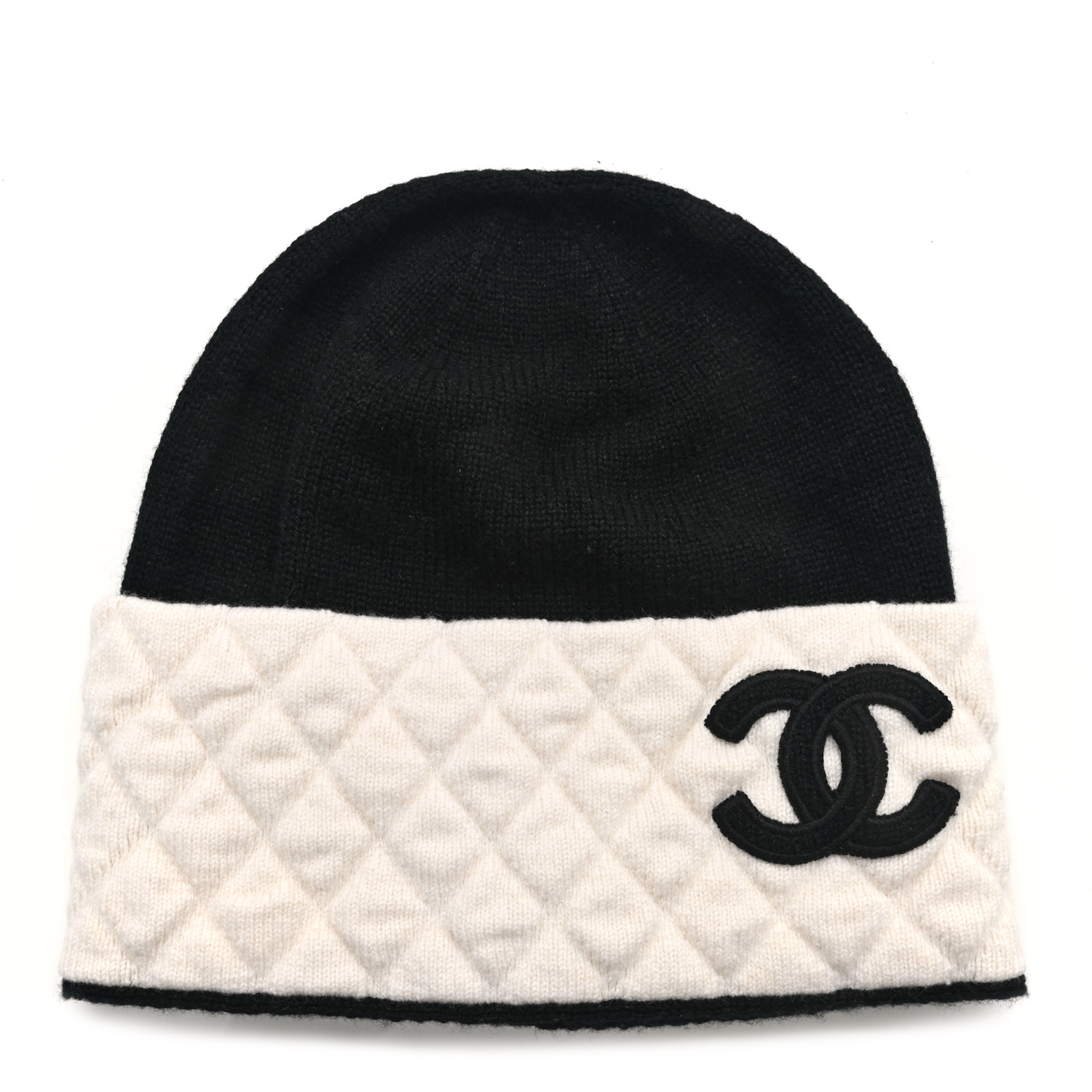 CHANEL Cashmere Quilted CC Beanie Hat Black White 1125634