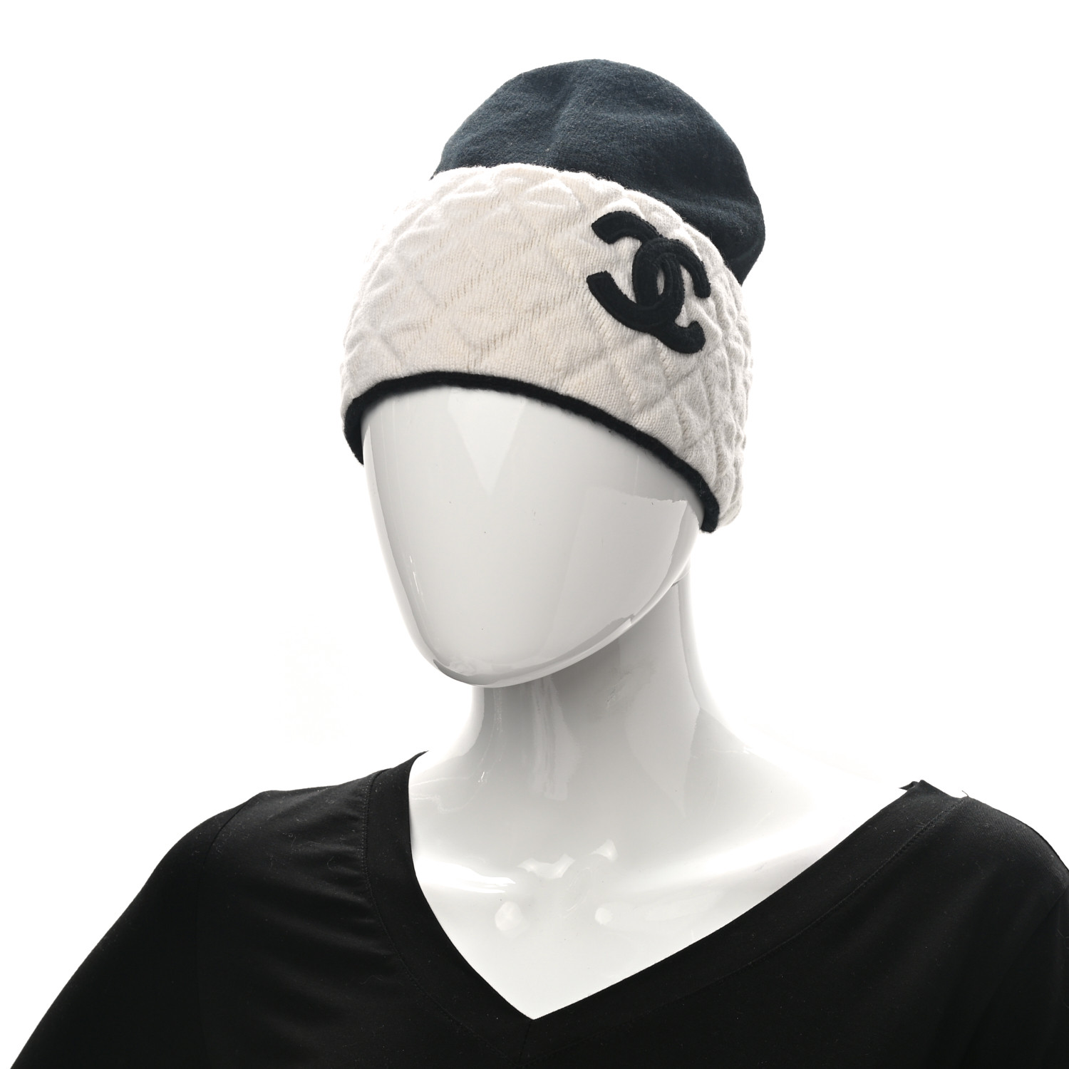 CHANEL Cashmere Quilted CC Beanie Hat Black White 1125634