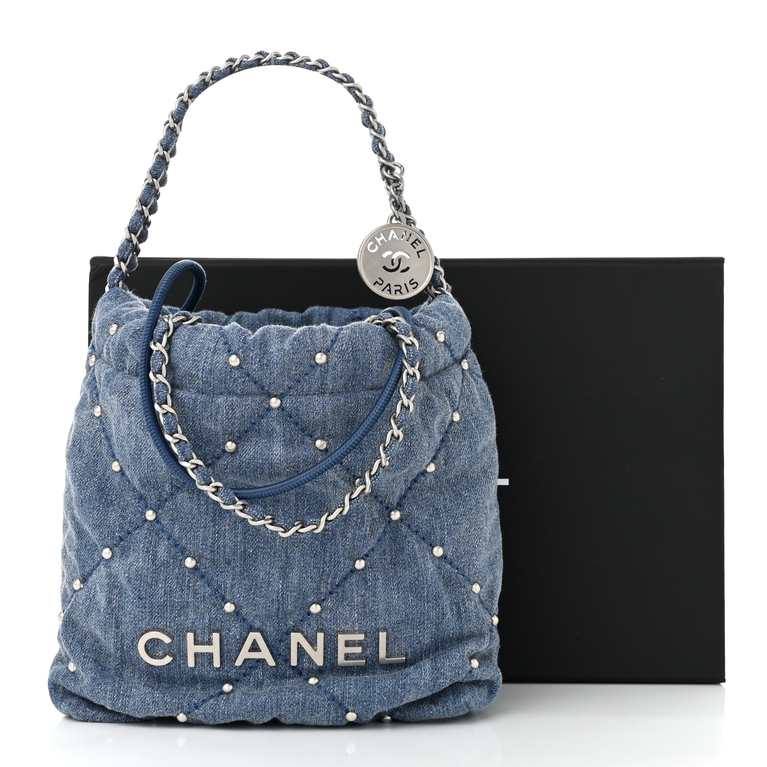 CHANEL Washed Denim Quilted Studded Mini Chanel 22 Blue