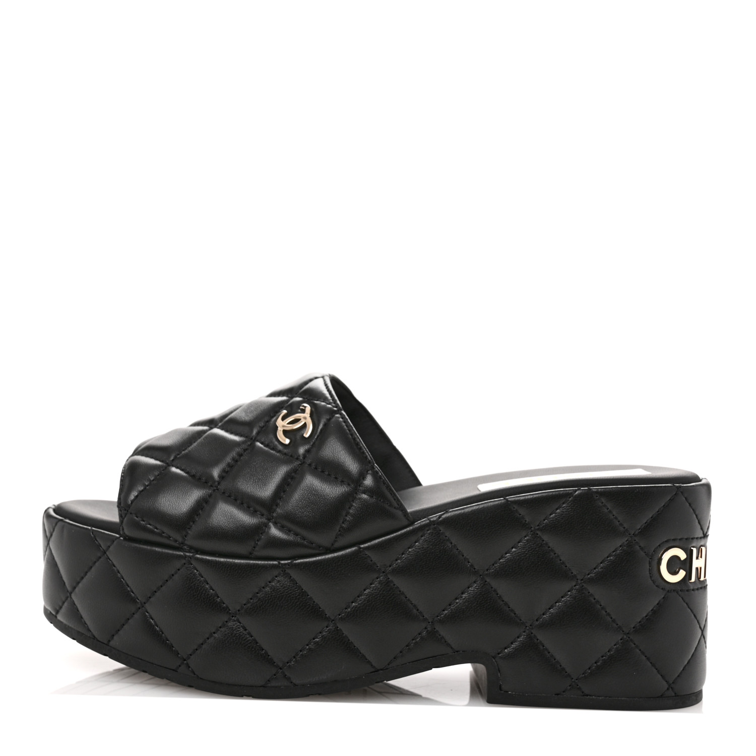 CHANEL Lambskin Quilted CC Mules Wedge Sandals 39 Black