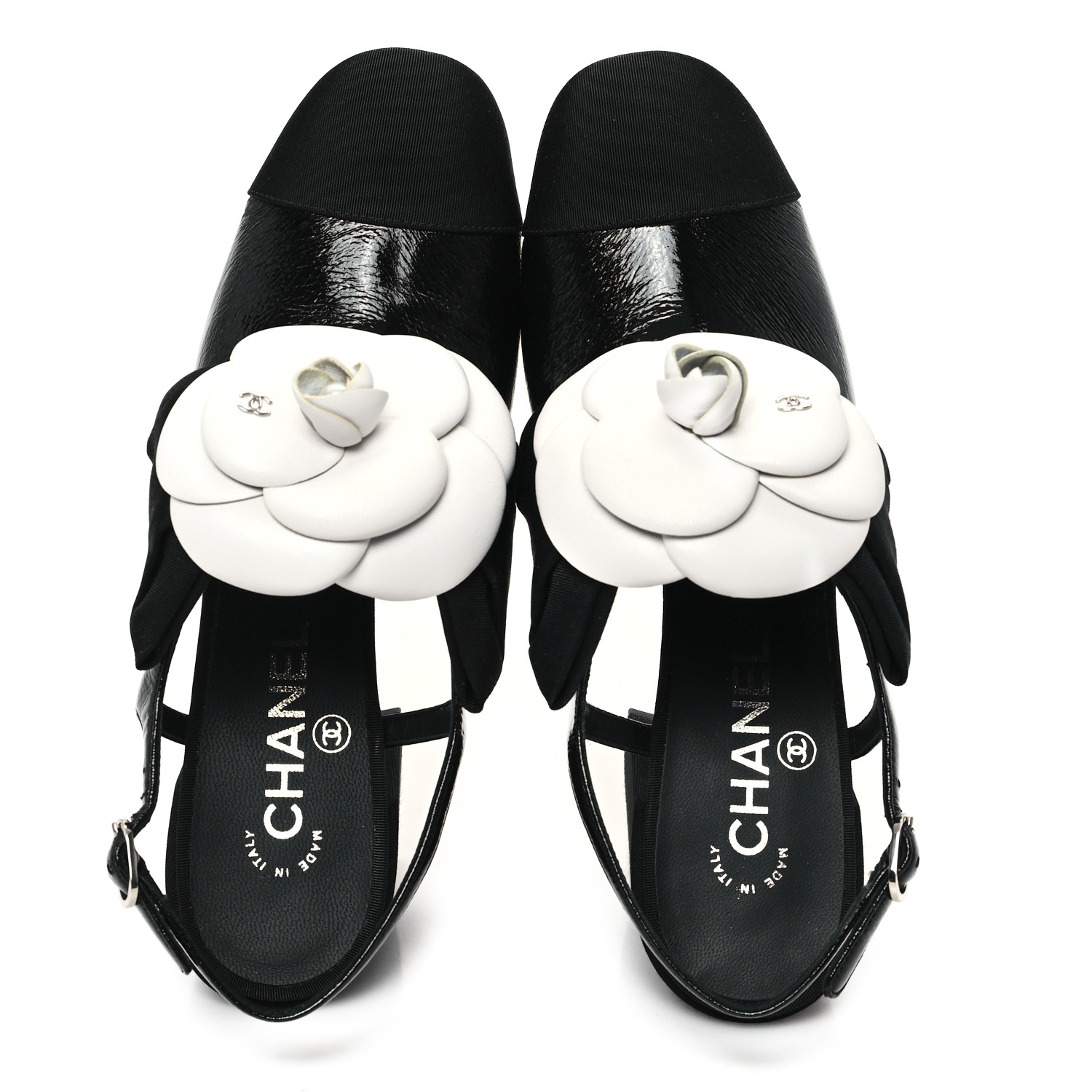 CHANEL Crumpled Shiny Fabric Grosgrain Cap Toe Camellia Bow