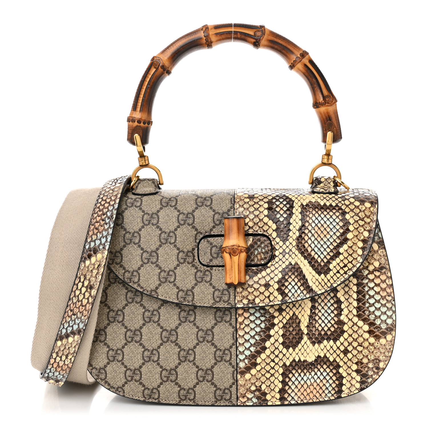 GUCCI GG Supreme Snakeskin Medium Bamboo 1947 Top Handle Bag