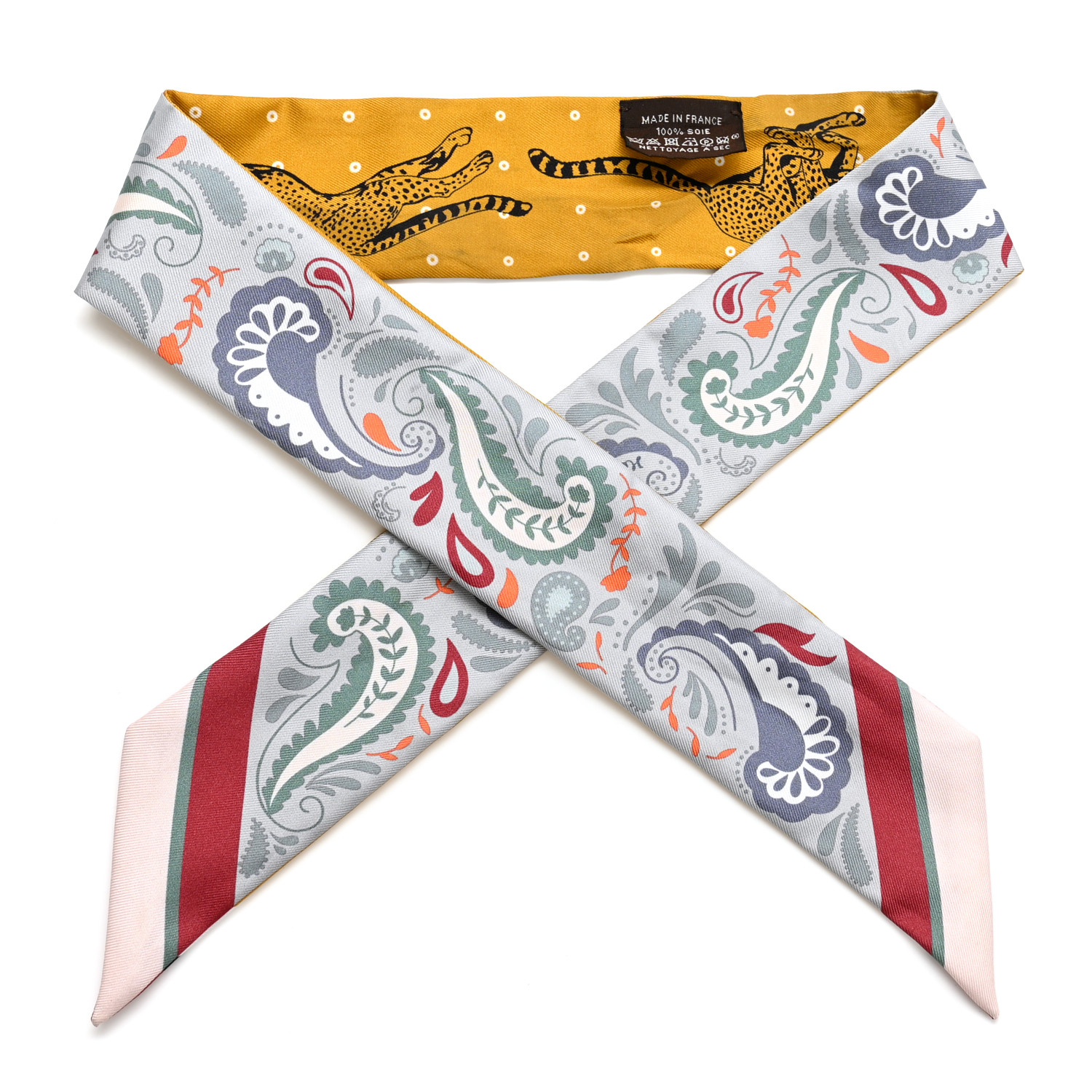 HERMES Silk Guepards Bandana Twilly Gris Perle Rouge H