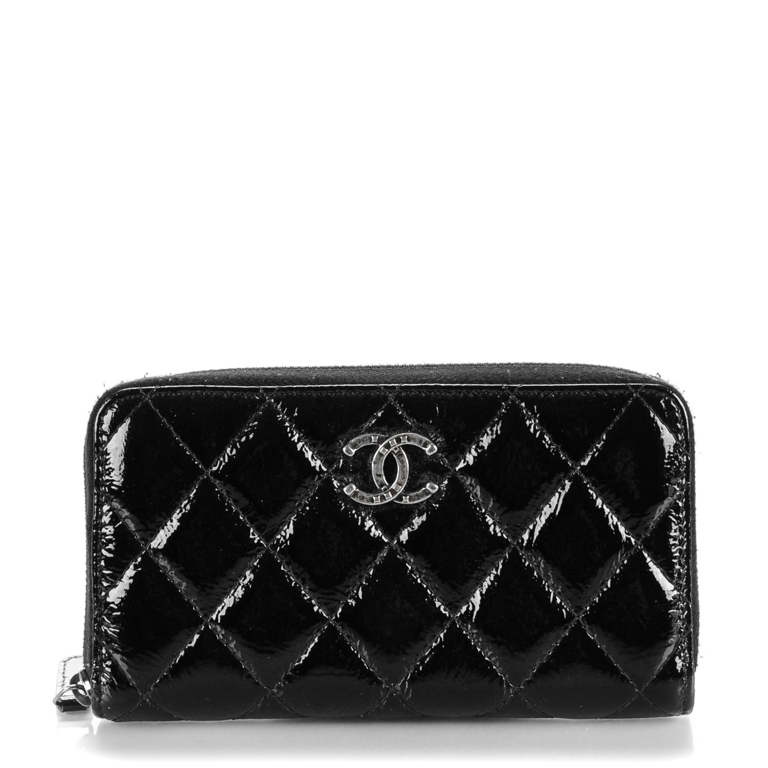 CHANEL Patent Goatskin Paris Dallas Zip Around Wallet Black