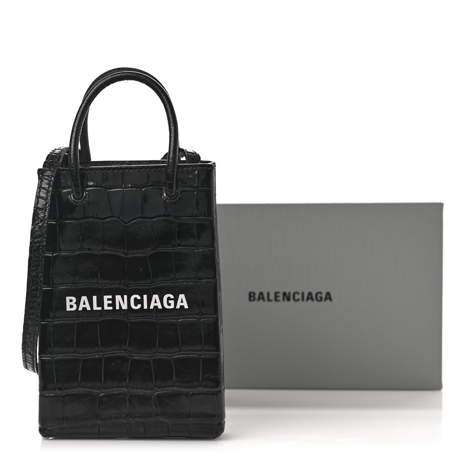 BALENCIAGA Calfskin Crocodile Embossed Logo Shopping Phone