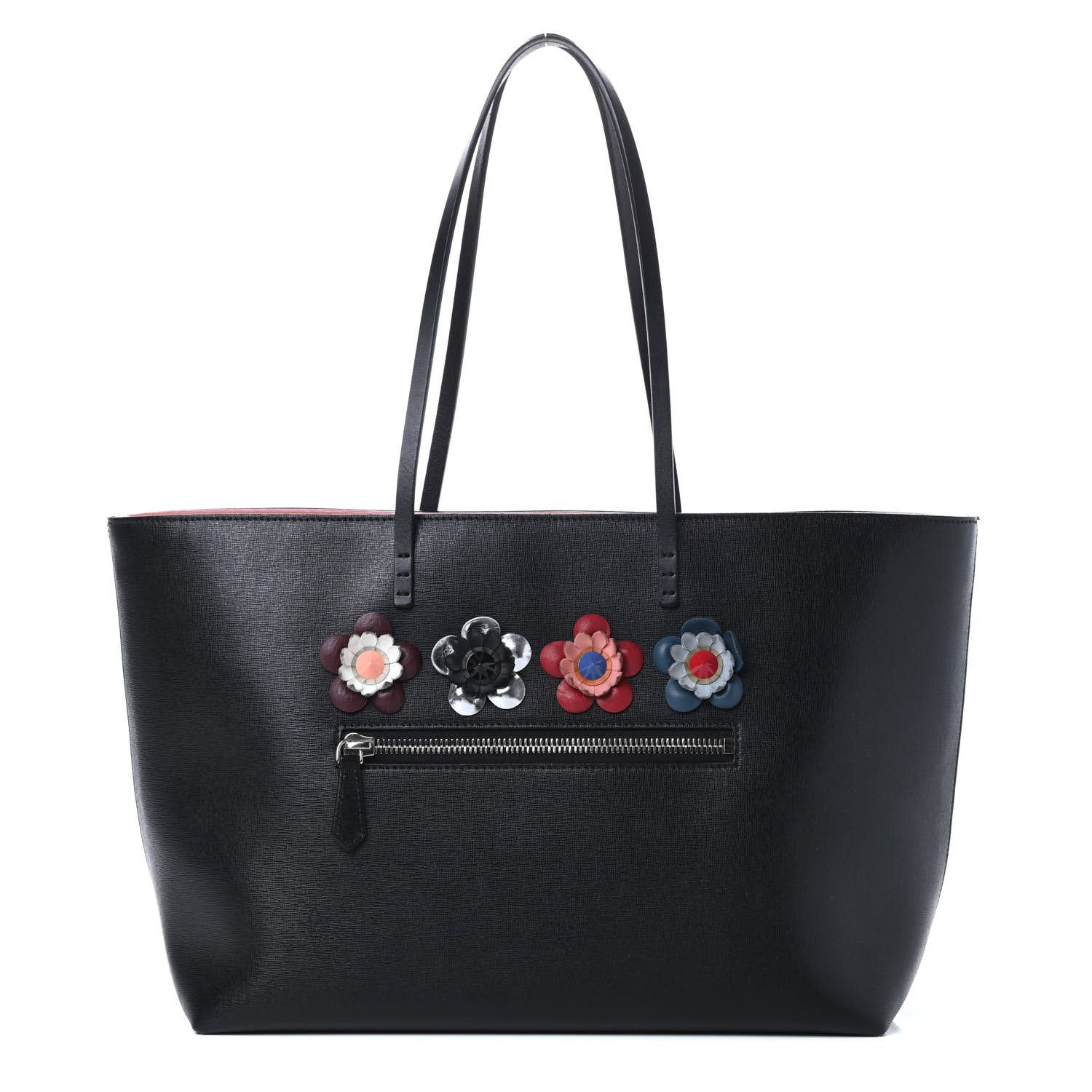 FENDI Vitello Elite Flowerland Medium Roll Tote Black 727486
