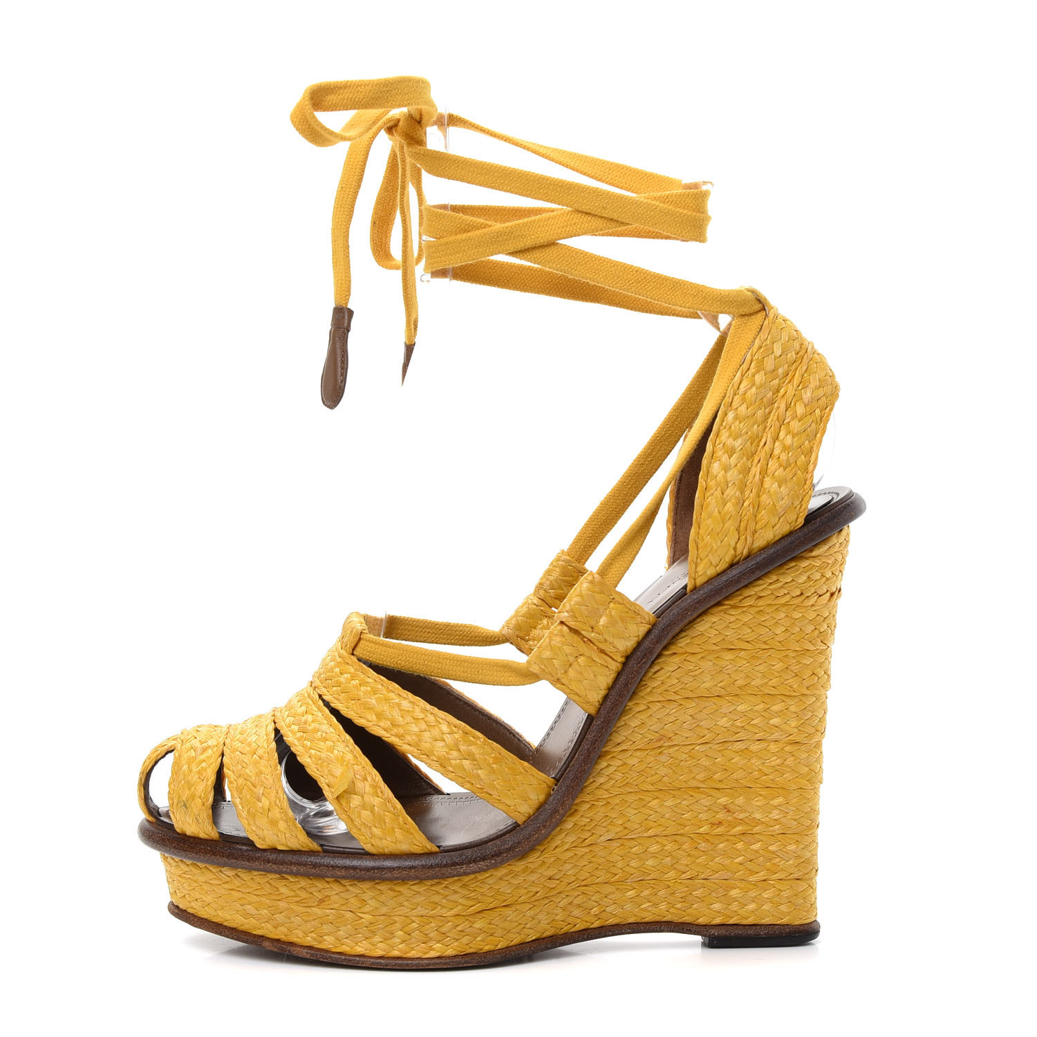 BOTTEGA VENETA Raffia Braided Wedge Sandals 39 Yolk 731504