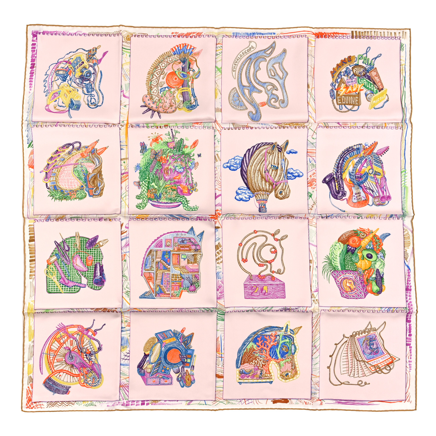 HERMES Silk Chevaloscope Scarf 90 Rose Nacre Vert Multicolor