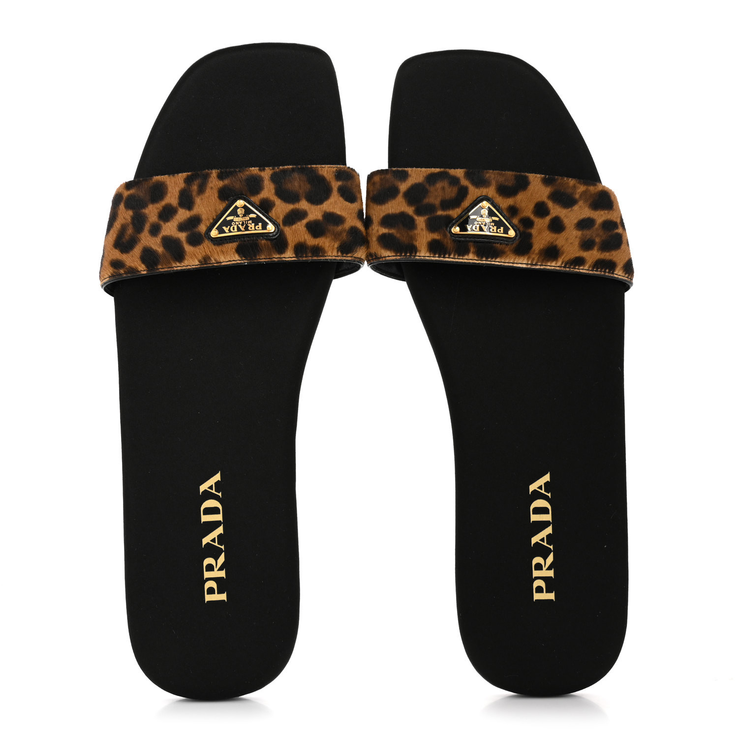 PRADA Calf Hair Leopard Print Metal Triangle Logo Flat Slide