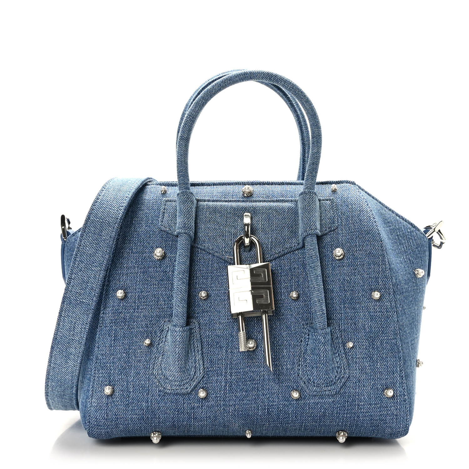 GIVENCHY Denim Pearl Embellished Mini Lock Antigona Shoulder