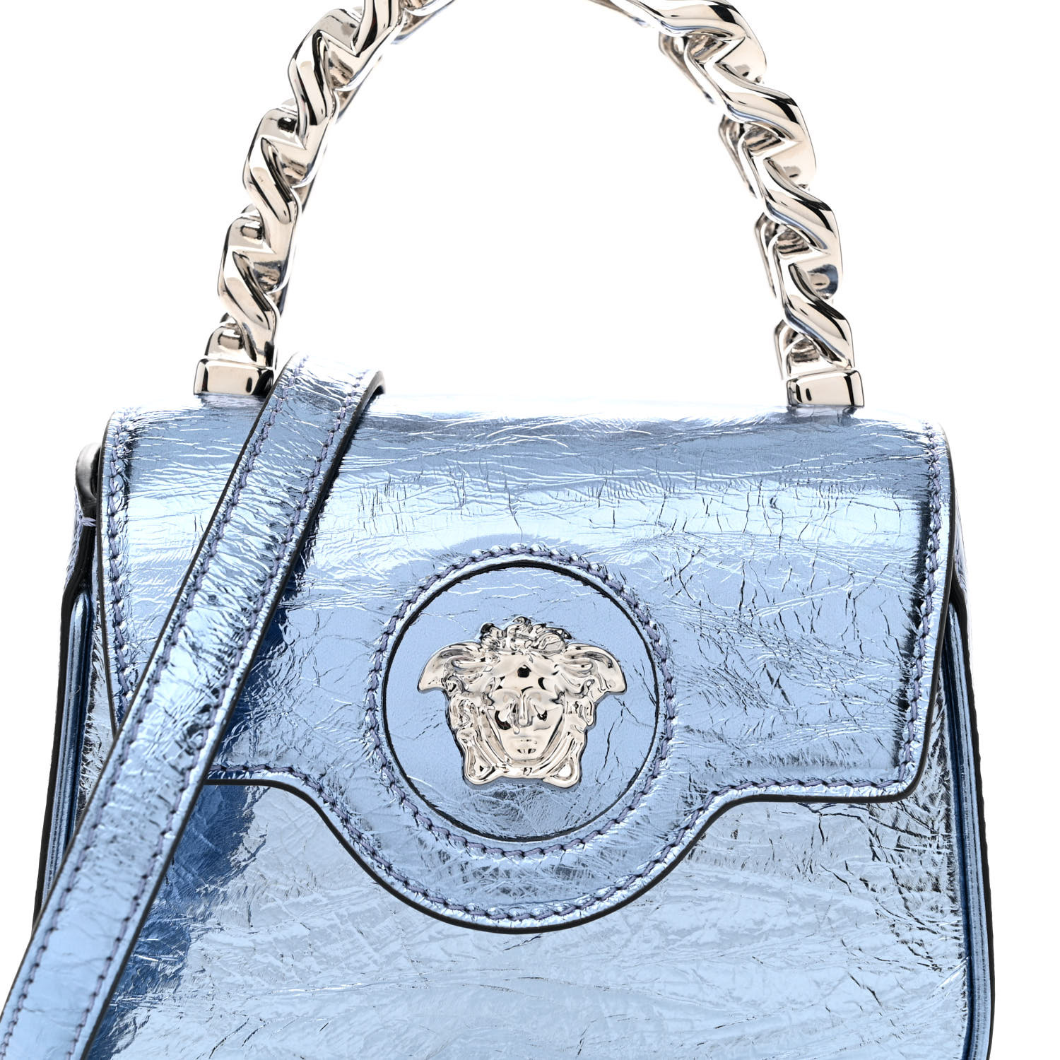 VERSACE Metallic Crackled Lambskin Mini La Medusa Blue