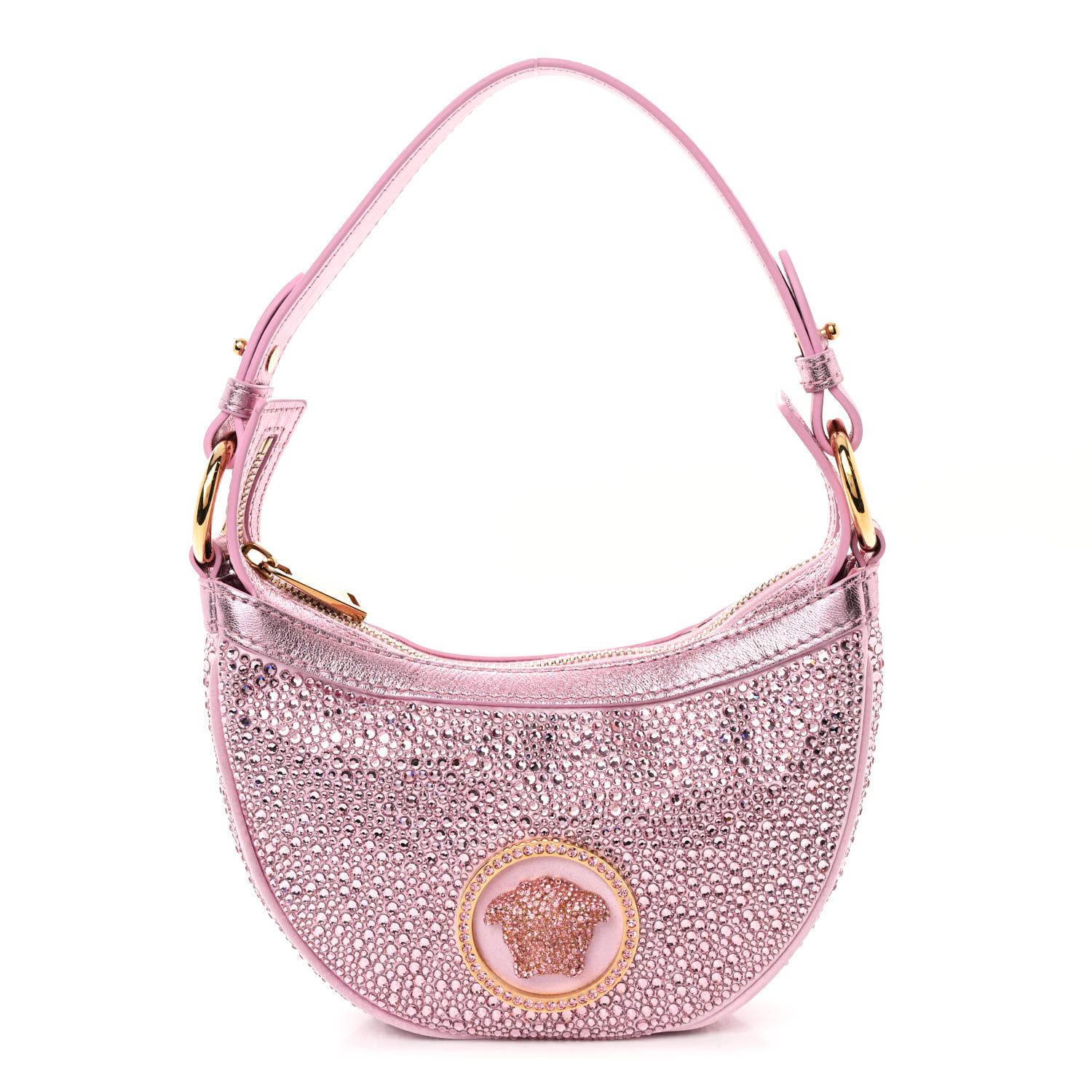 【送料&関税込】Versace Crystal Repeat Mini Hobo Bag Crystal Repeat Mini embellished leather shoulder bag in pink