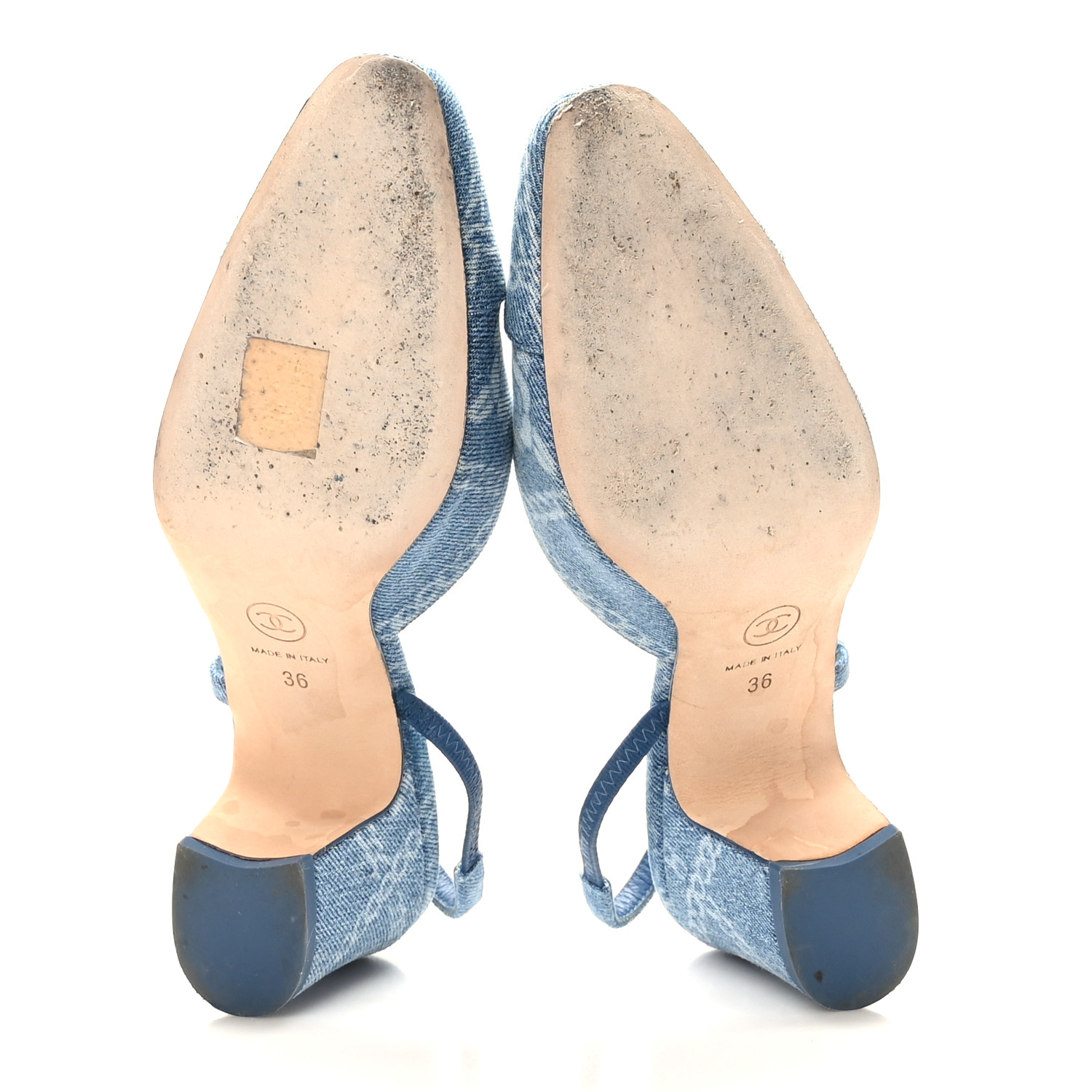 Vintage Chanel denim heel sandals 箱付き　34 Vintage Chanel Denim Wrap Around Sandal Heels – ChezCharlene