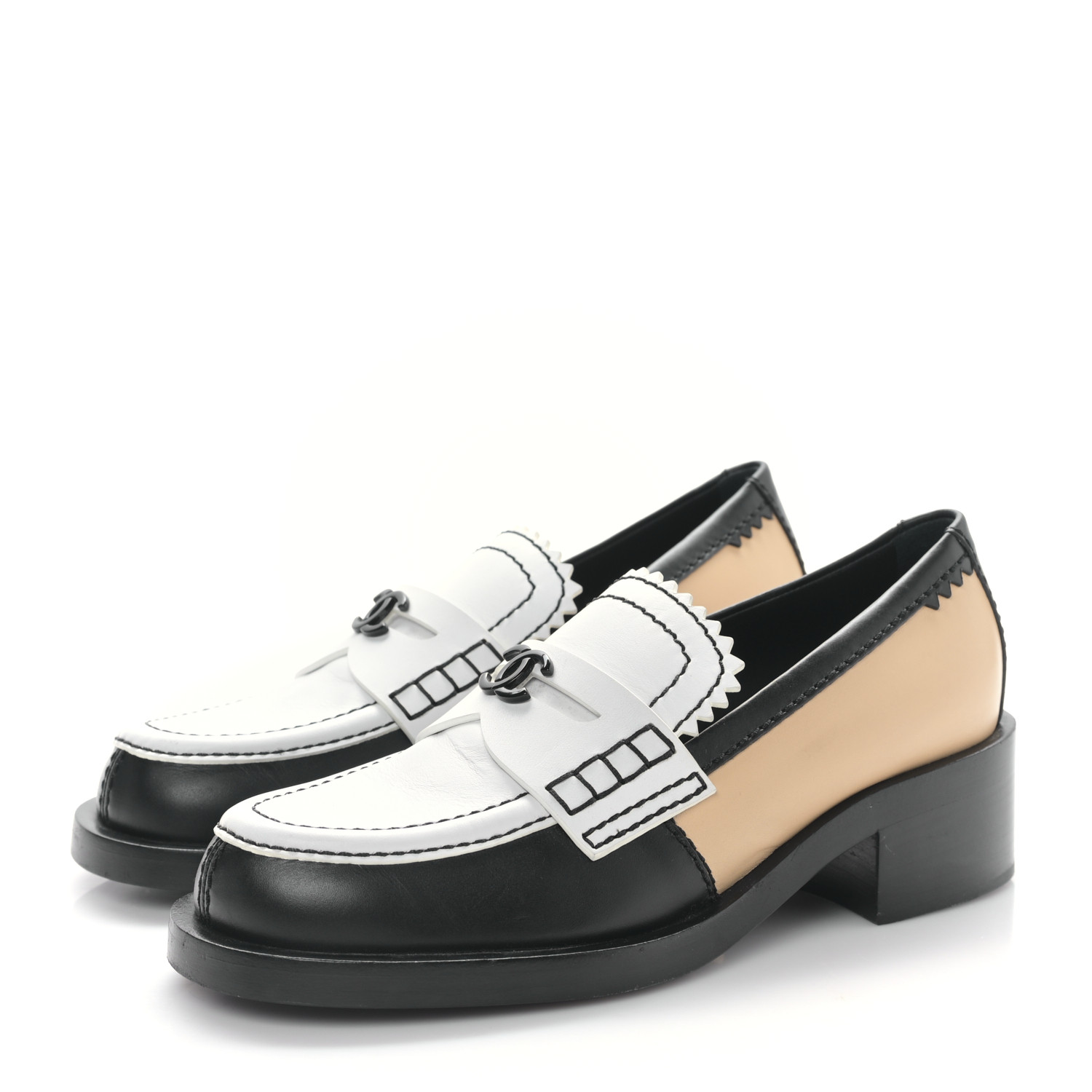 CHANEL Calfskin CC Loafers 36.5 Black White Beige 1437450