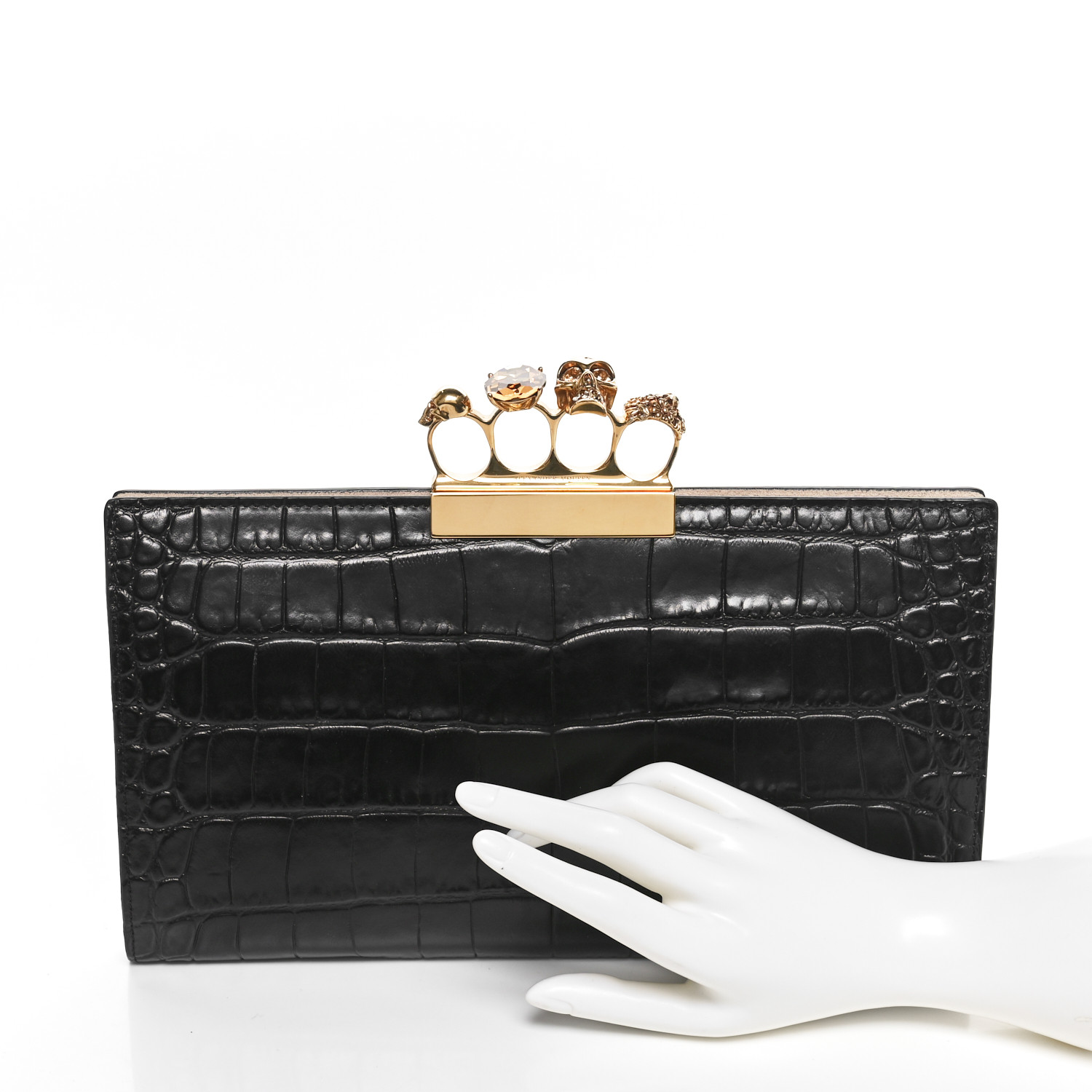 ALEXANDER MCQUEEN Calfskin Crocodile Embossed Knuckle Flat Clutch Black Gold 2