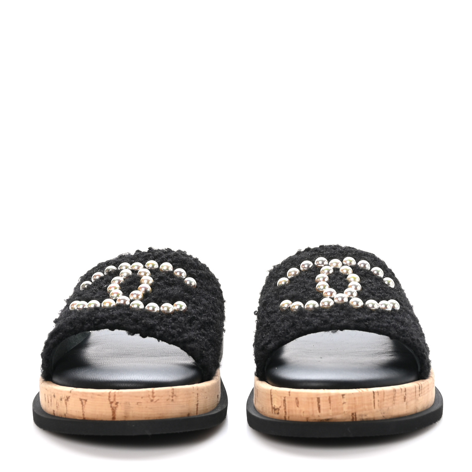 CHANEL Fabric Pearl Cork CC Slip On Sandals 40 Black 1559325
