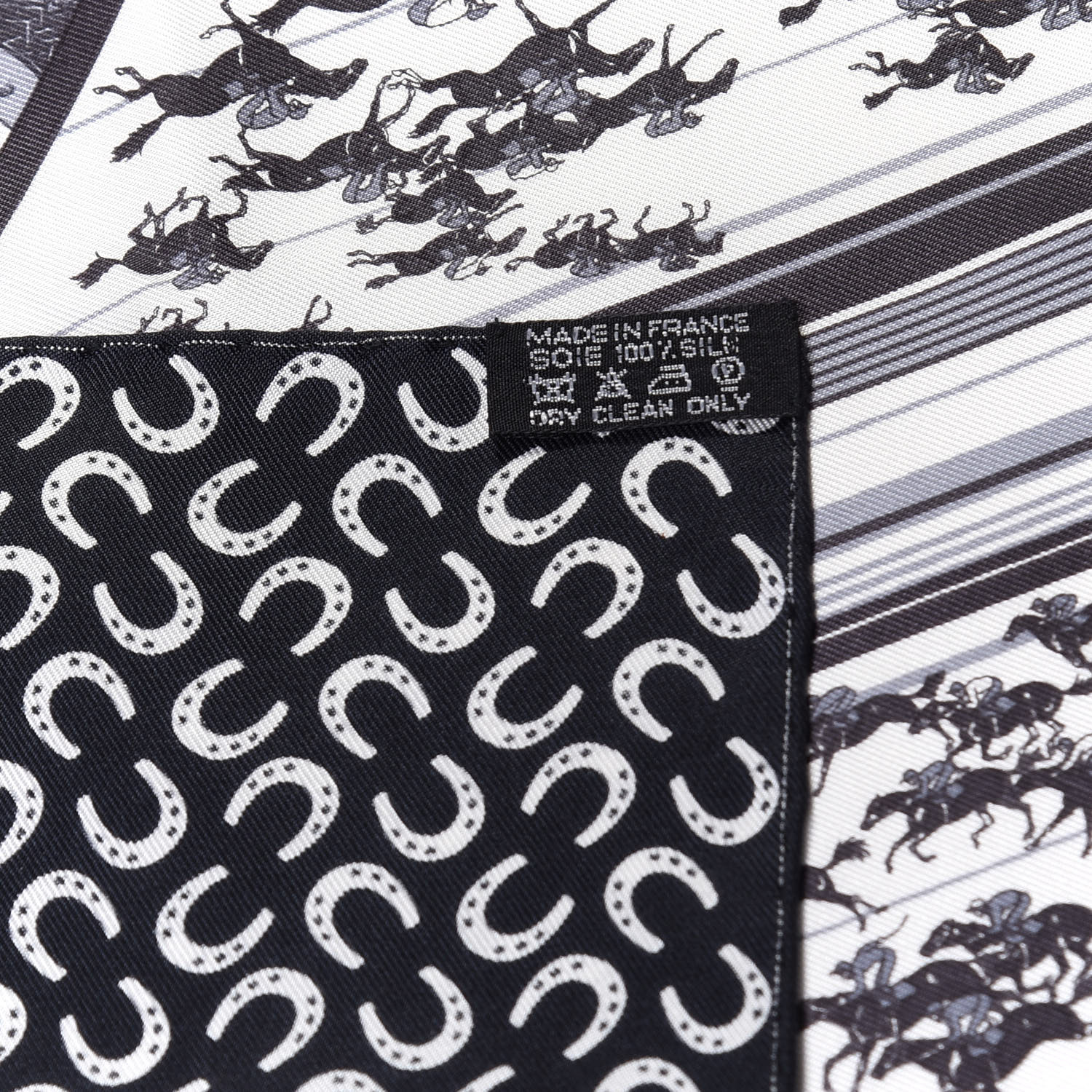 HERMES Silk A Cheval Sur Mon Carre Scarf 90 Black White Gris