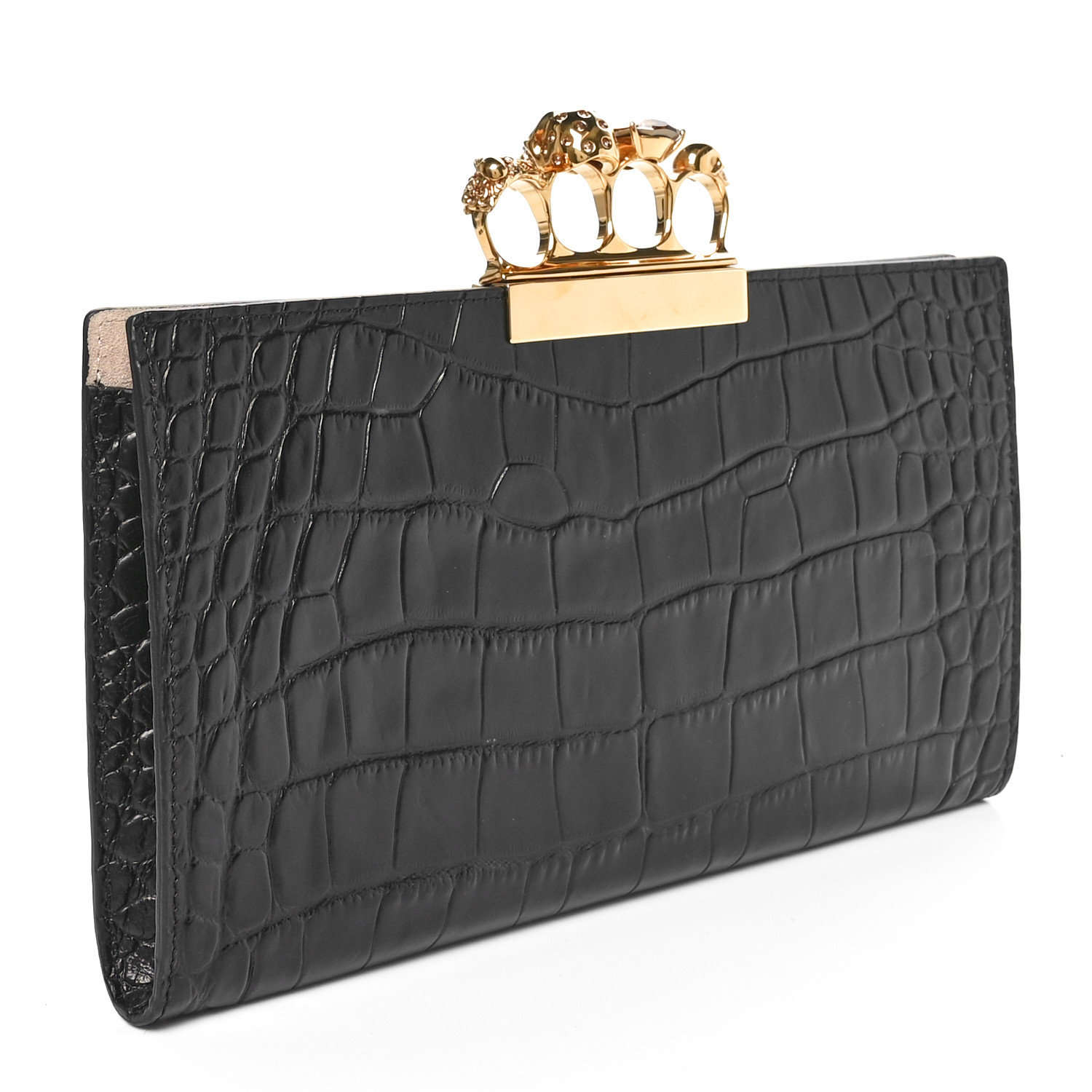 ALEXANDER MCQUEEN Calfskin Crocodile Embossed Knuckle Flat Clutch Black Gold 3