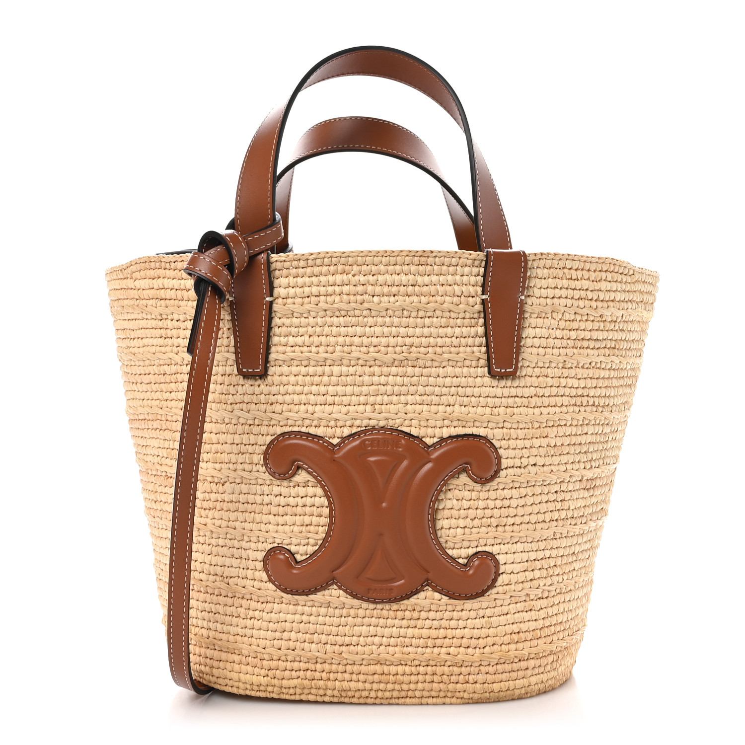 CELINE Raffia Calfskin Triomphe Teen Panier Tan 1549618