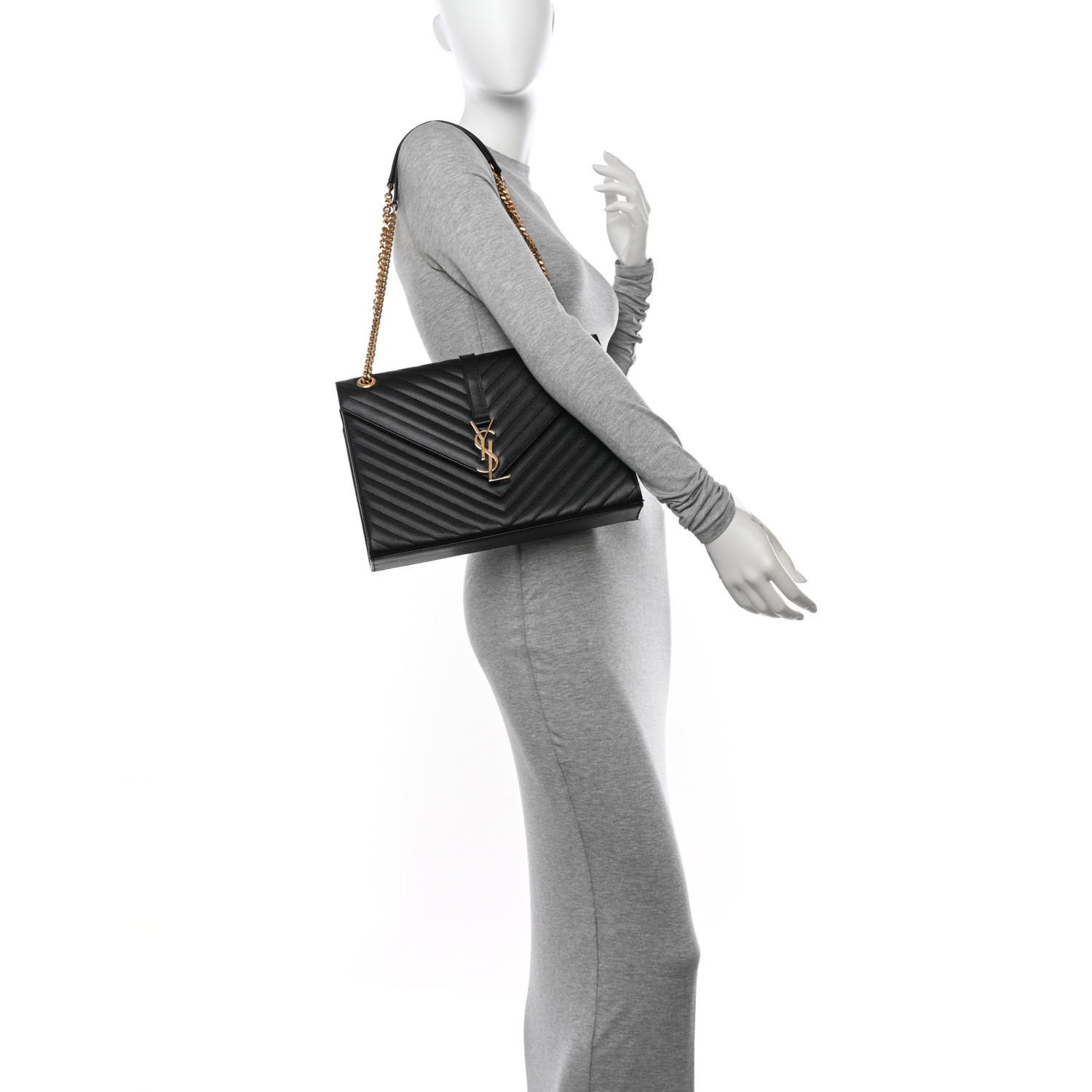 SAINT LAURENT Grain De Poudre Matelasse Chevron Large Monogram Satchel Black 2