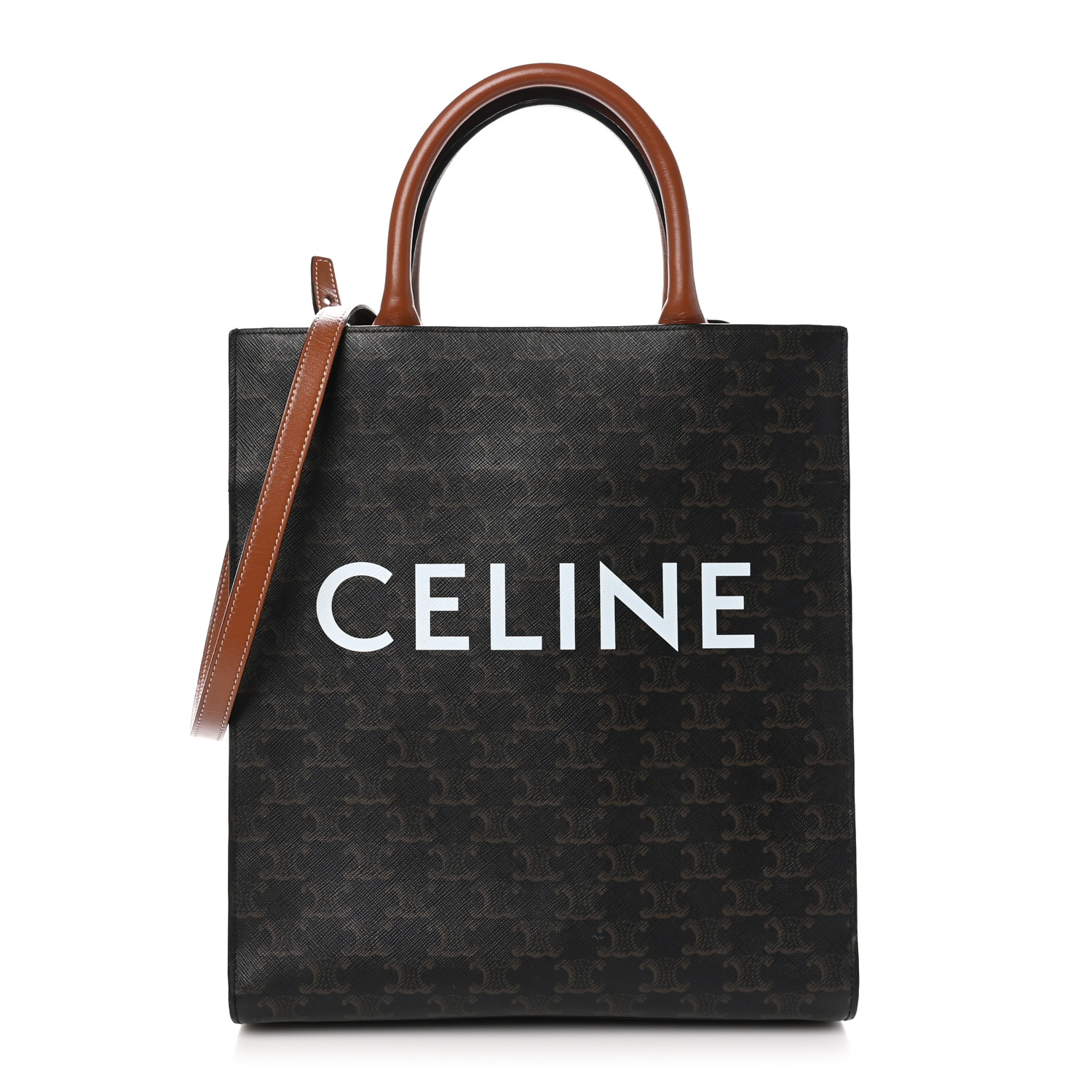 100%直営店買付【CELINE】TRIOMPHE CANVAS SMALL CABAS VERTICAL CELINE Triomphe Canvas Calfskin Small Vertical Cabas Tan