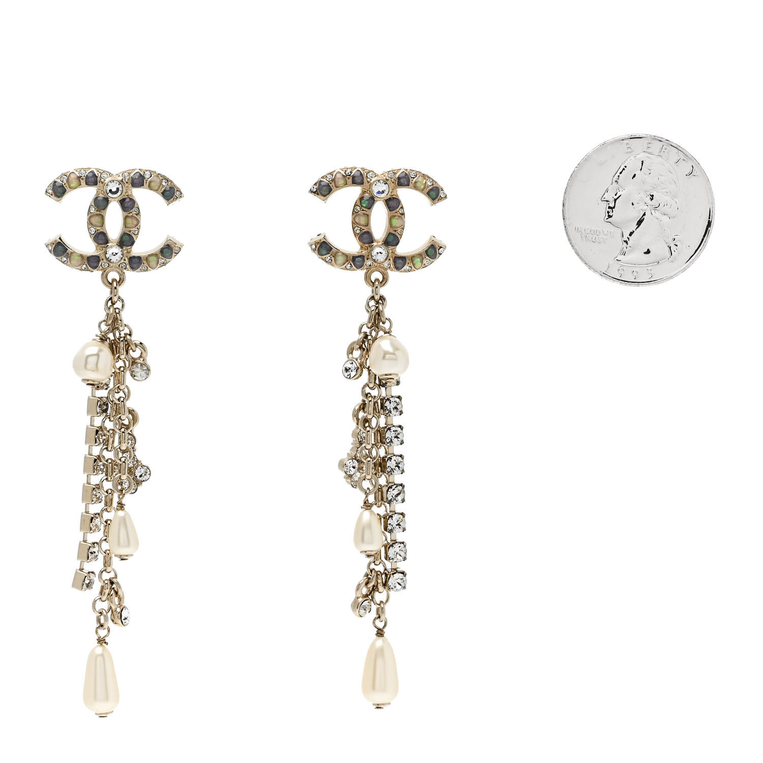CHANEL Crystal Pearl CC Chain Drop Earrings Multicolor