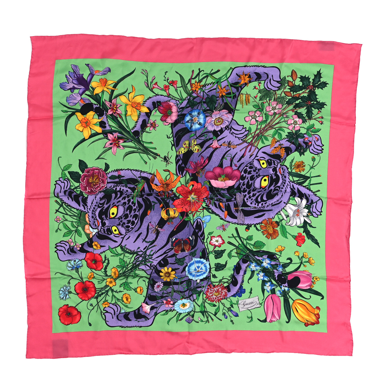スカーフ GUCCI SILK TIGER ICONIC FLORA PRINT SQUARE SCARF GUCCI Silk Floral Tiger Square Scarf Pink 1161887 | FASHIONPHILE