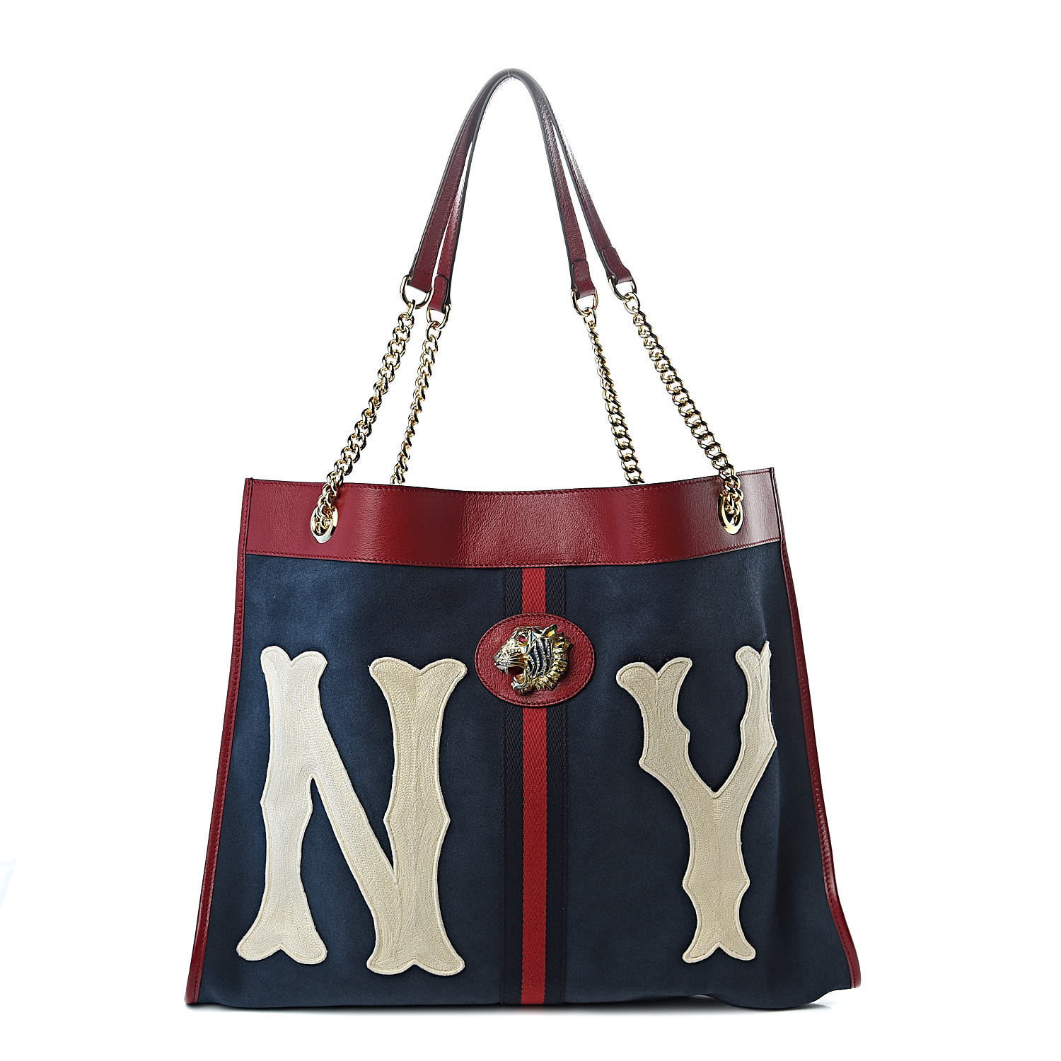 【70％OFF】 GUCCI X MLB Suede Calfskin NY Yankees Large Rajah Chain Tote バッグ