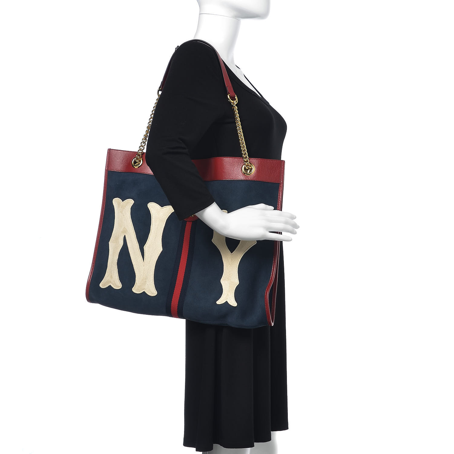 GUCCI X MLB Suede Calfskin NY Yankees Large Rajah Chain Tote