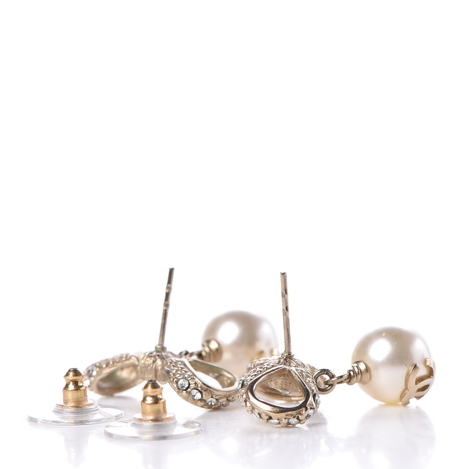 CHANEL Crystal Pearl CC Bow Drop Earrings Gold 376807