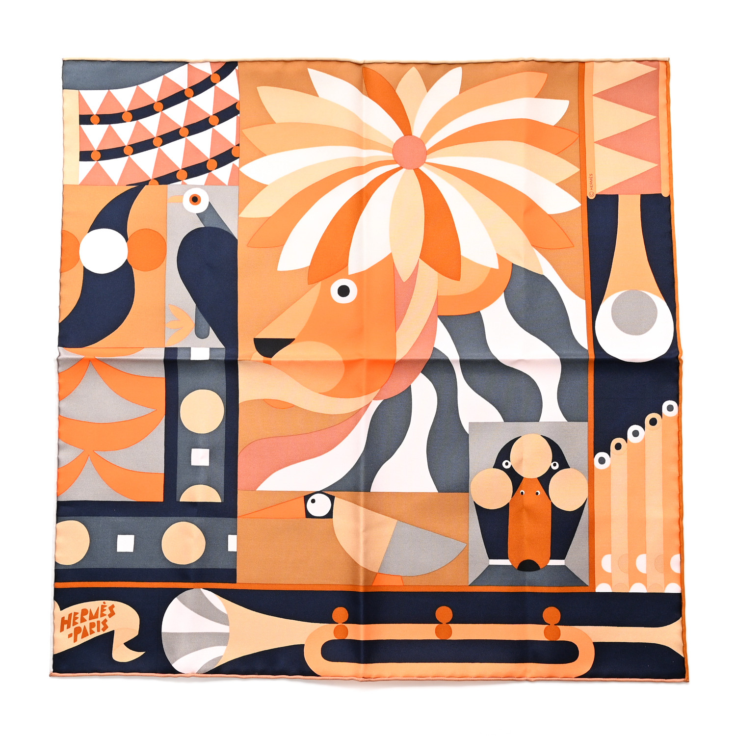 HERMES Silk Gavroche Parade En Fanfare Scarf 45 Caramel