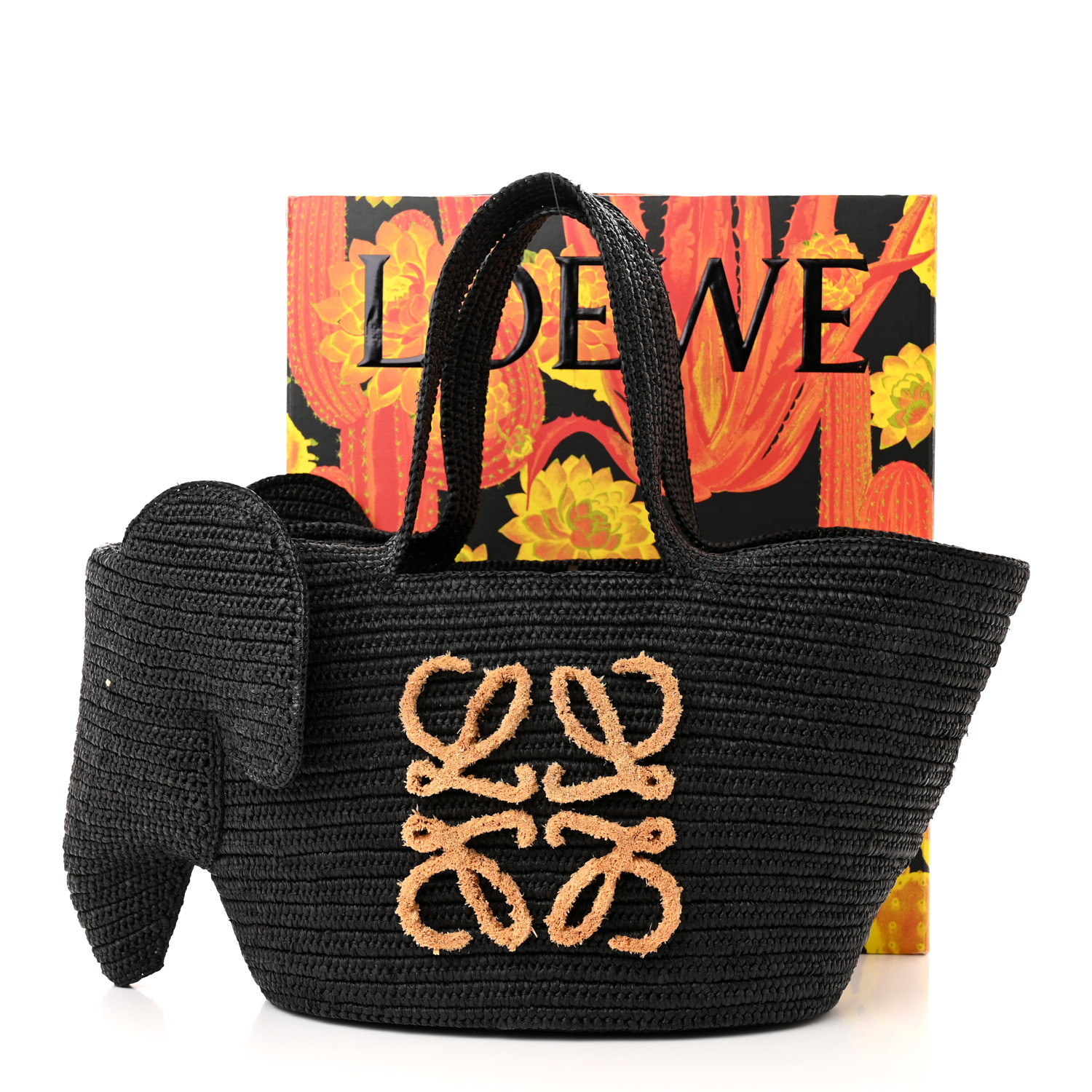 LOEWE Raffia Medium Elephant Basket Tote Bag Black 1498272