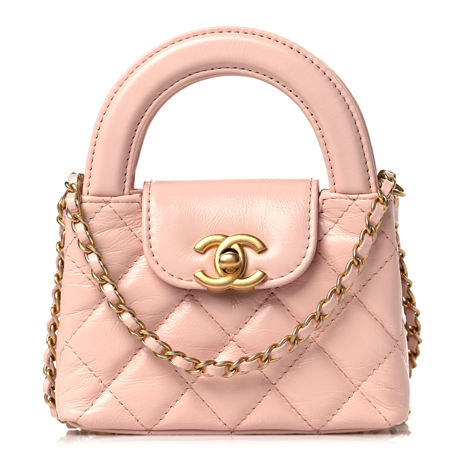 CHANEL Shiny Aged Calfskin Quilted Mini Nano Kelly Shopper Pink