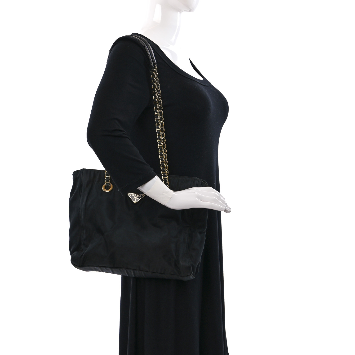 PRADA Tessuto Nylon Chain Shoulder Bag Black 1341926
