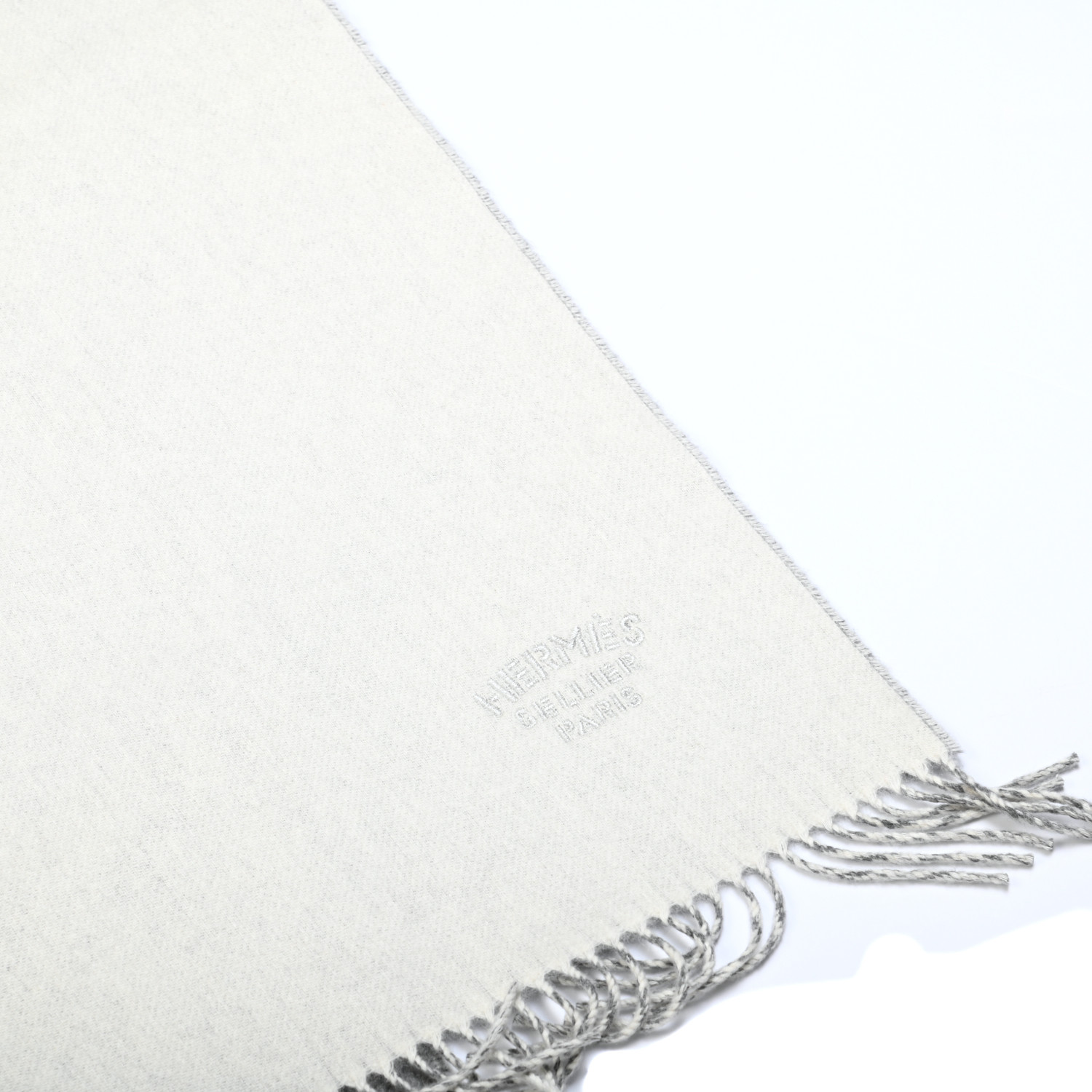 HERMES Cashmere Fringe Double Face Stole White Gris 882485