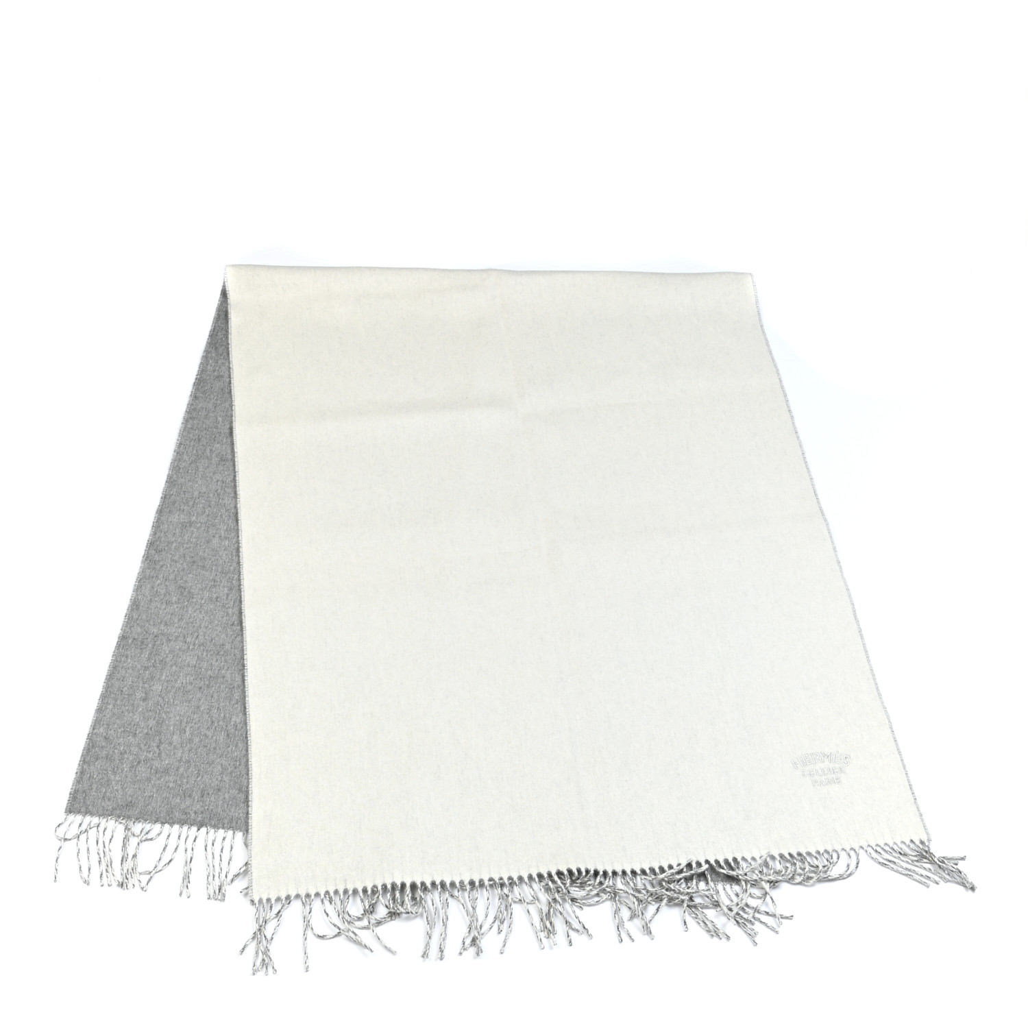 HERMES Cashmere Fringe Double Face Stole White Gris 882485