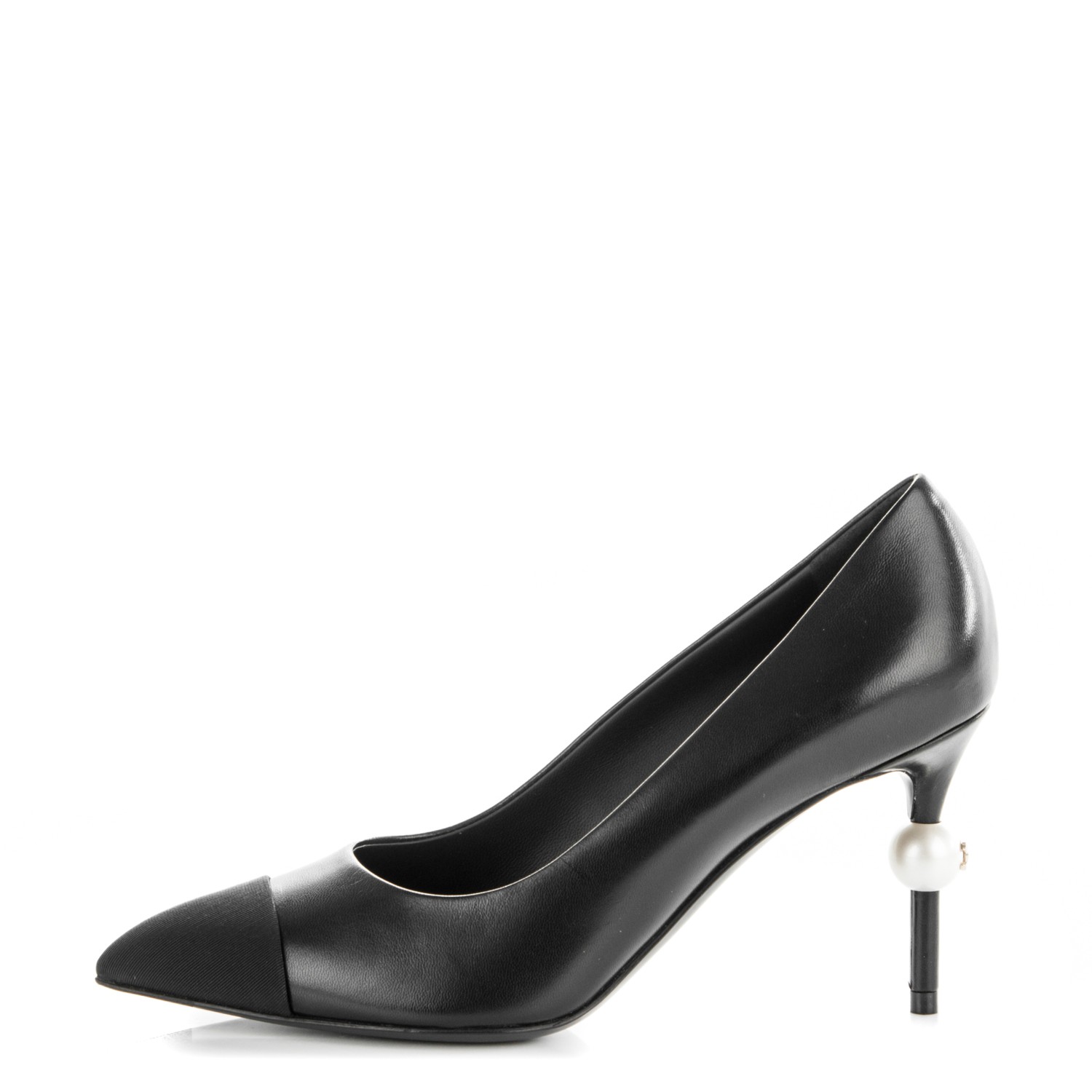 CHANEL Goatskin Grosgrain Cap Toe Pearl Pumps 37 Black