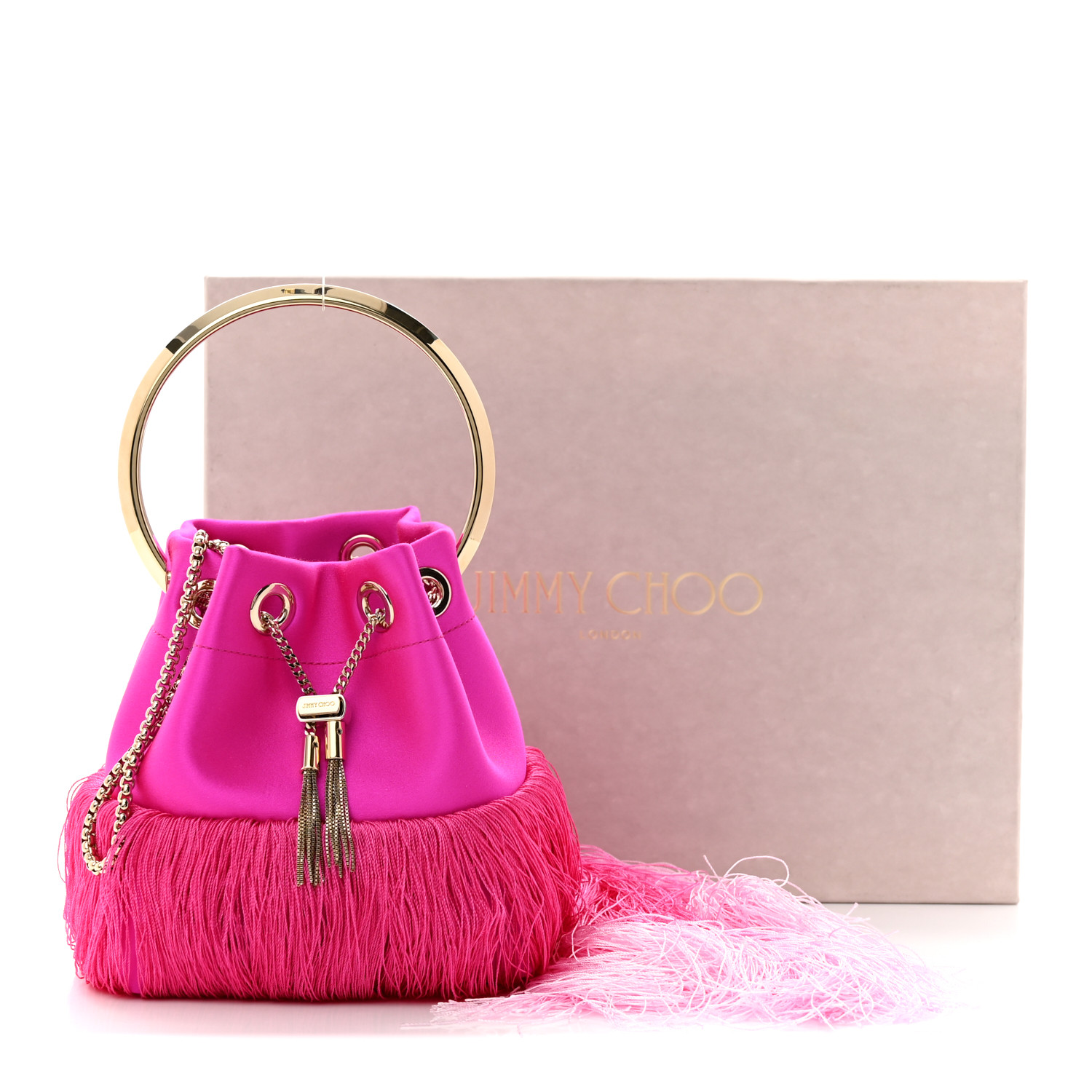 ★JIMMY CHOO★ BON BON RDT satin fringe【完売前に!】 JIMMY CHOO Satin Fringe Bon Bon Bag Fuchsia 1445538