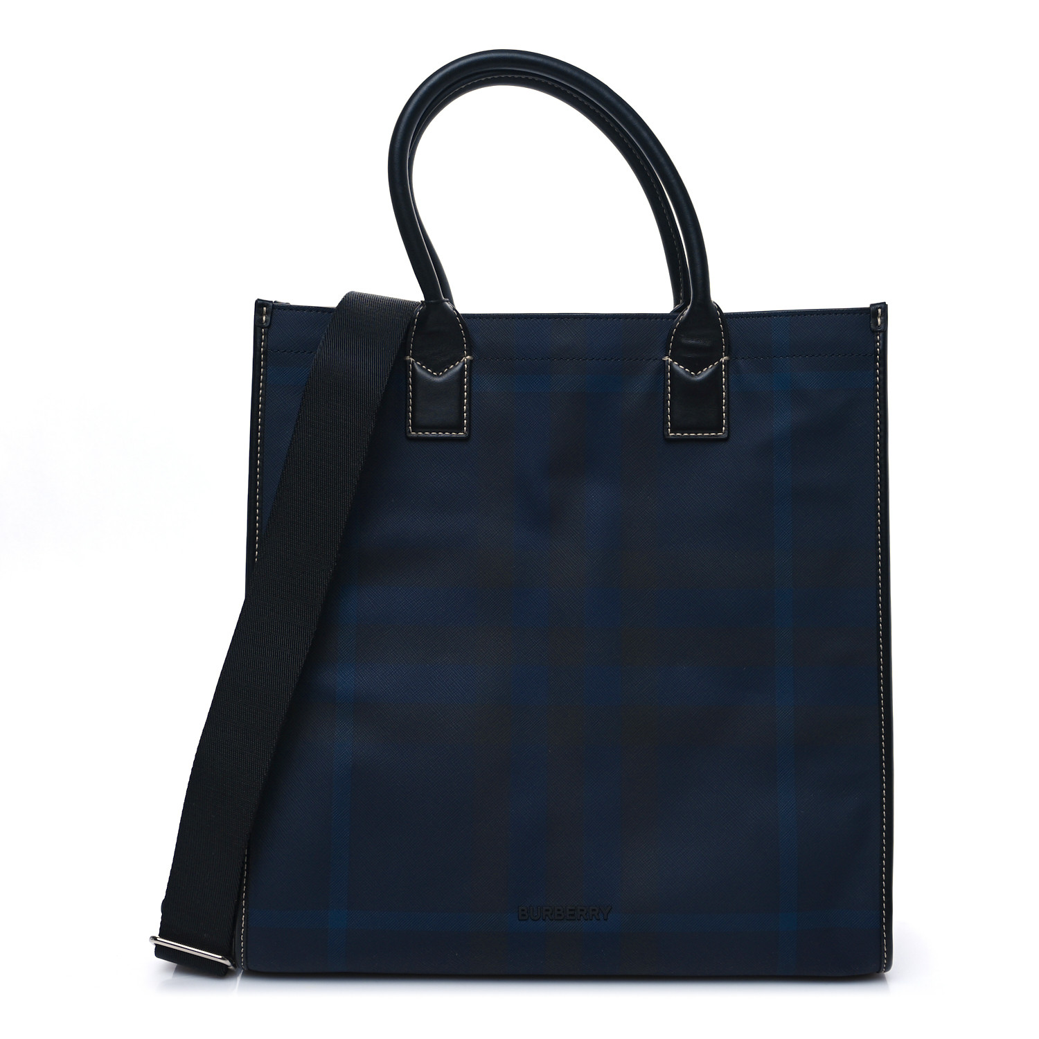 BURBERRY E-Canvas Denny Check Tote Navy Blue 1454905
