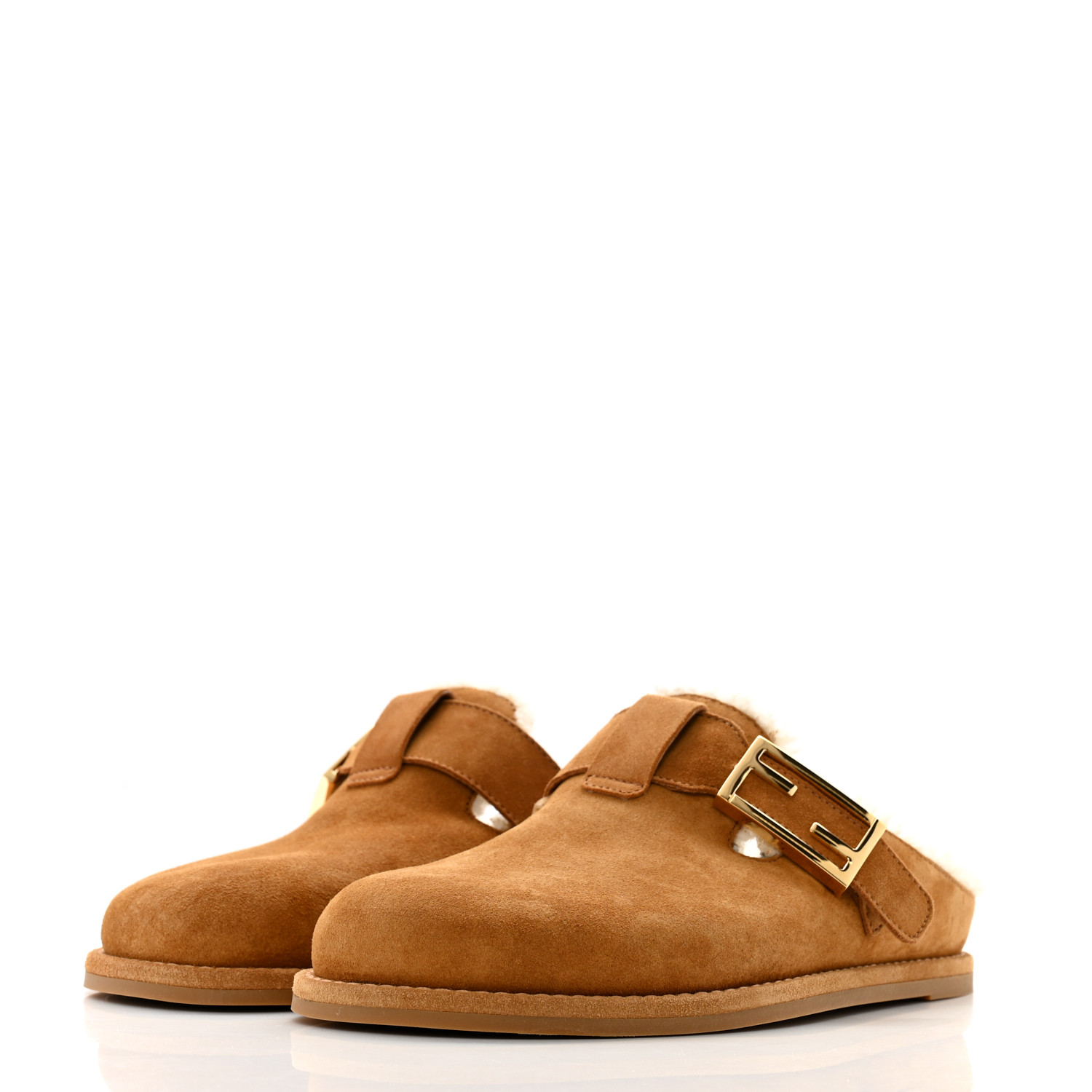 FENDI Suede Shearling Fendi Feel Buckled Clogs 36 Caramel