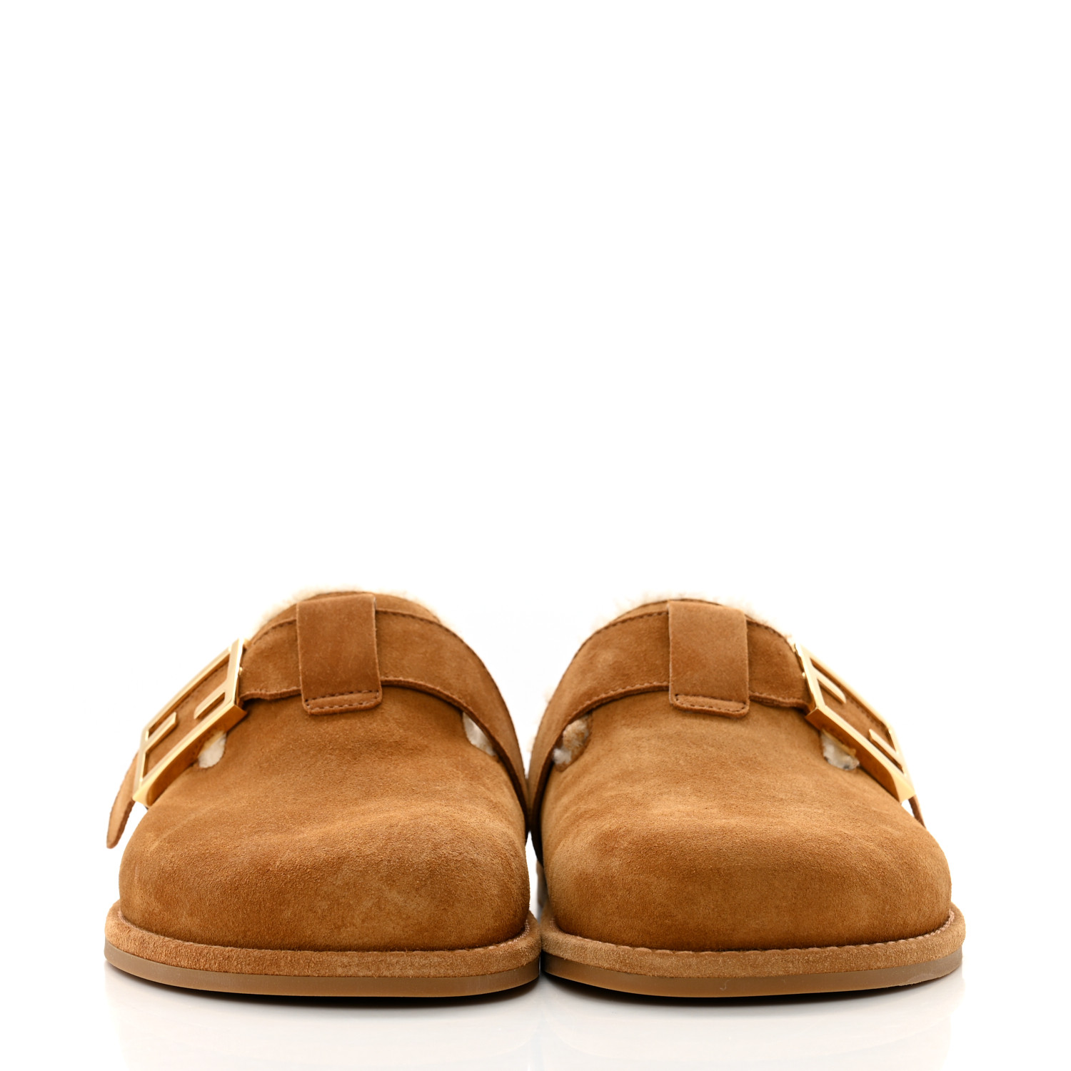 FENDI ロゴバックル　スウェード　パンプス　茶　太ヒール FENDI Suede Shearling Fendi Feel Buckled Clogs 36 Caramel