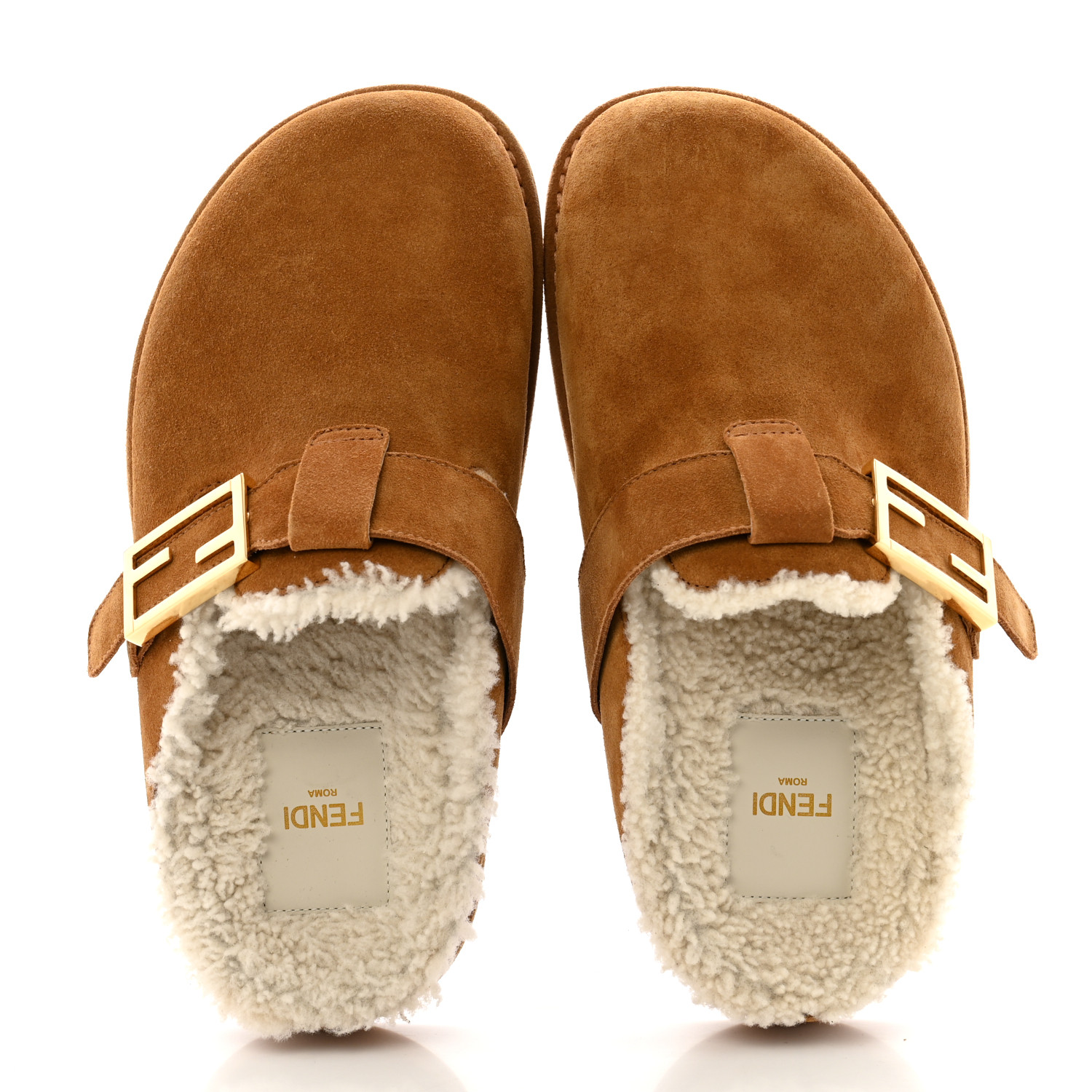 FENDI ロゴバックル　スウェード　パンプス　茶　太ヒール FENDI Suede Shearling Fendi Feel Buckled Clogs 36 Caramel