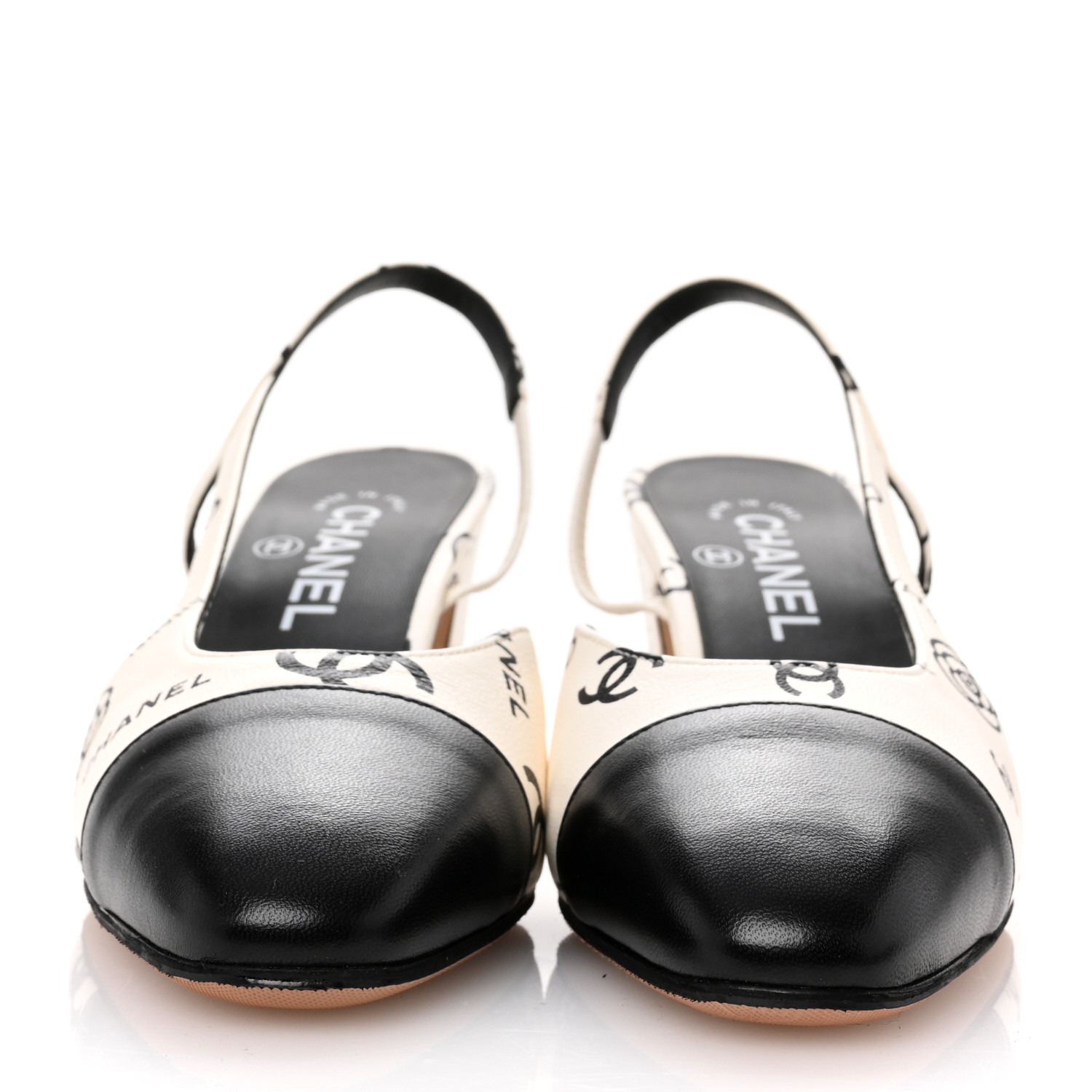 CHANEL Printed Lambskin Cap Toe CC Slingback Pumps 38 Black